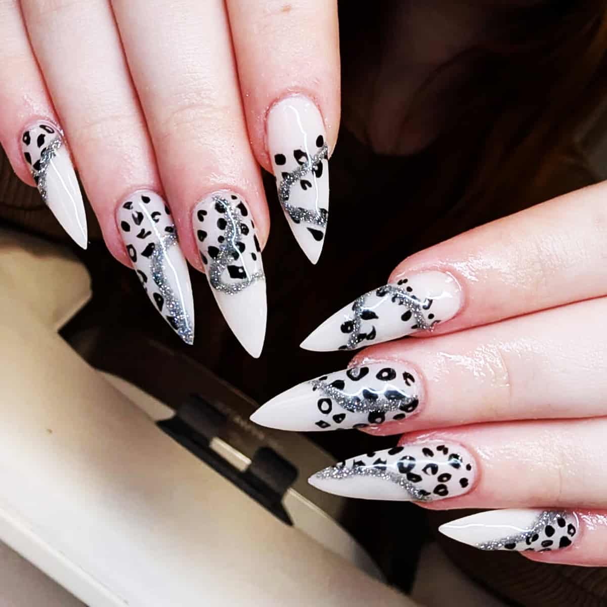 white stiletto cheetah silver swirl cheetah print nails