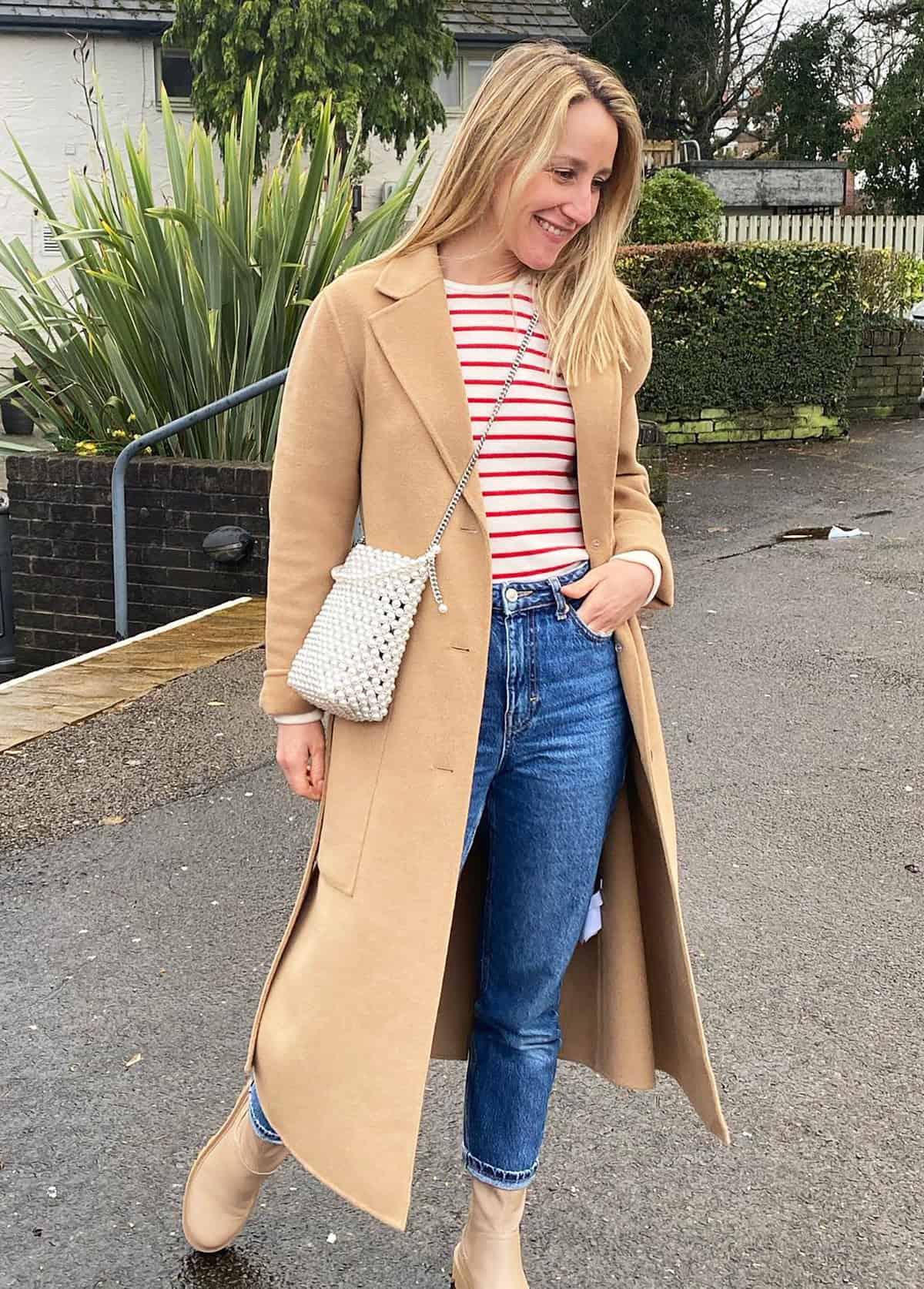 camel coat striped top light jeans for casual friday