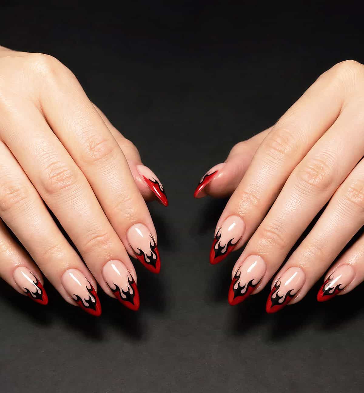 black red tip red flame nails