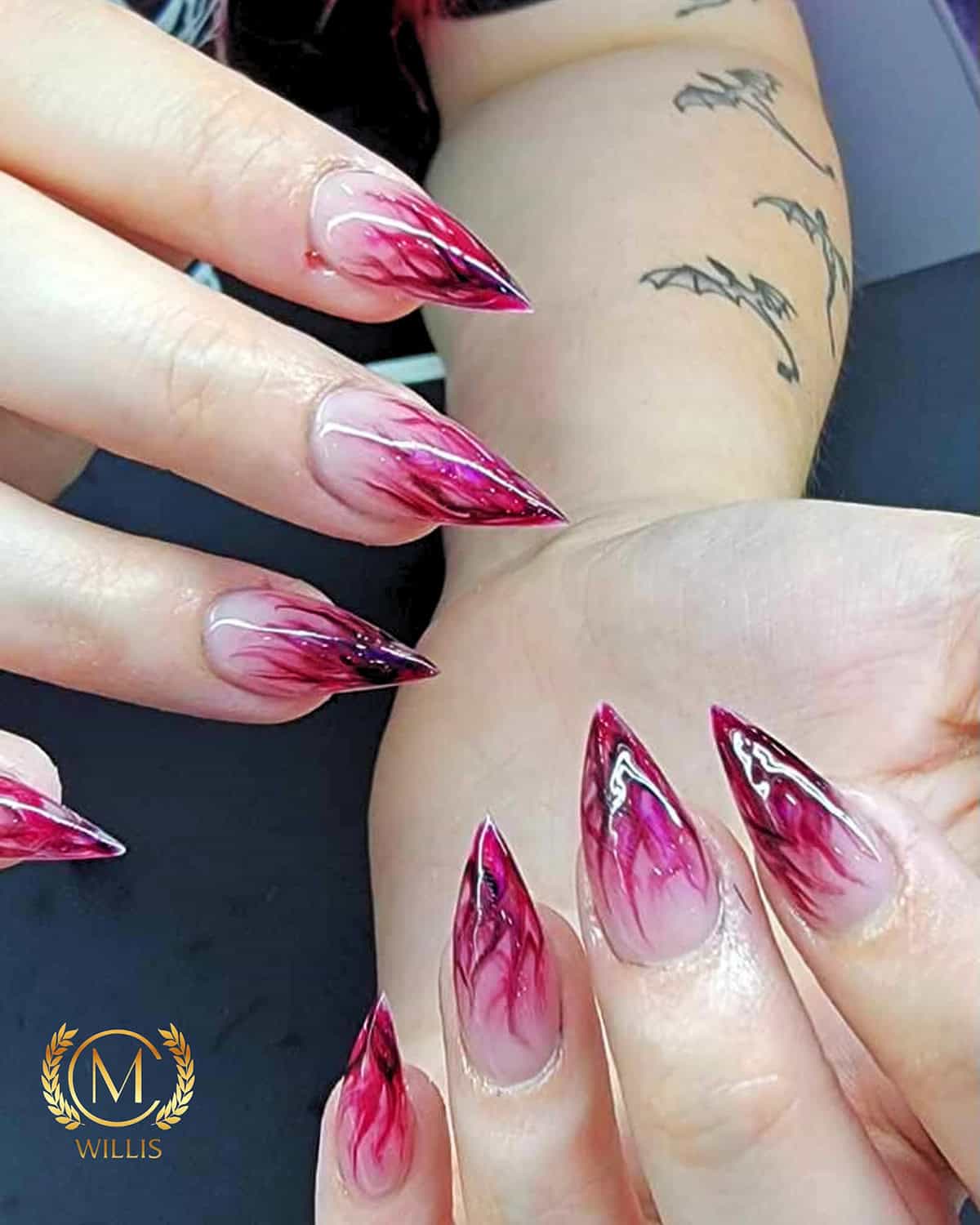 magenta editorial flame tip nails red flame nails