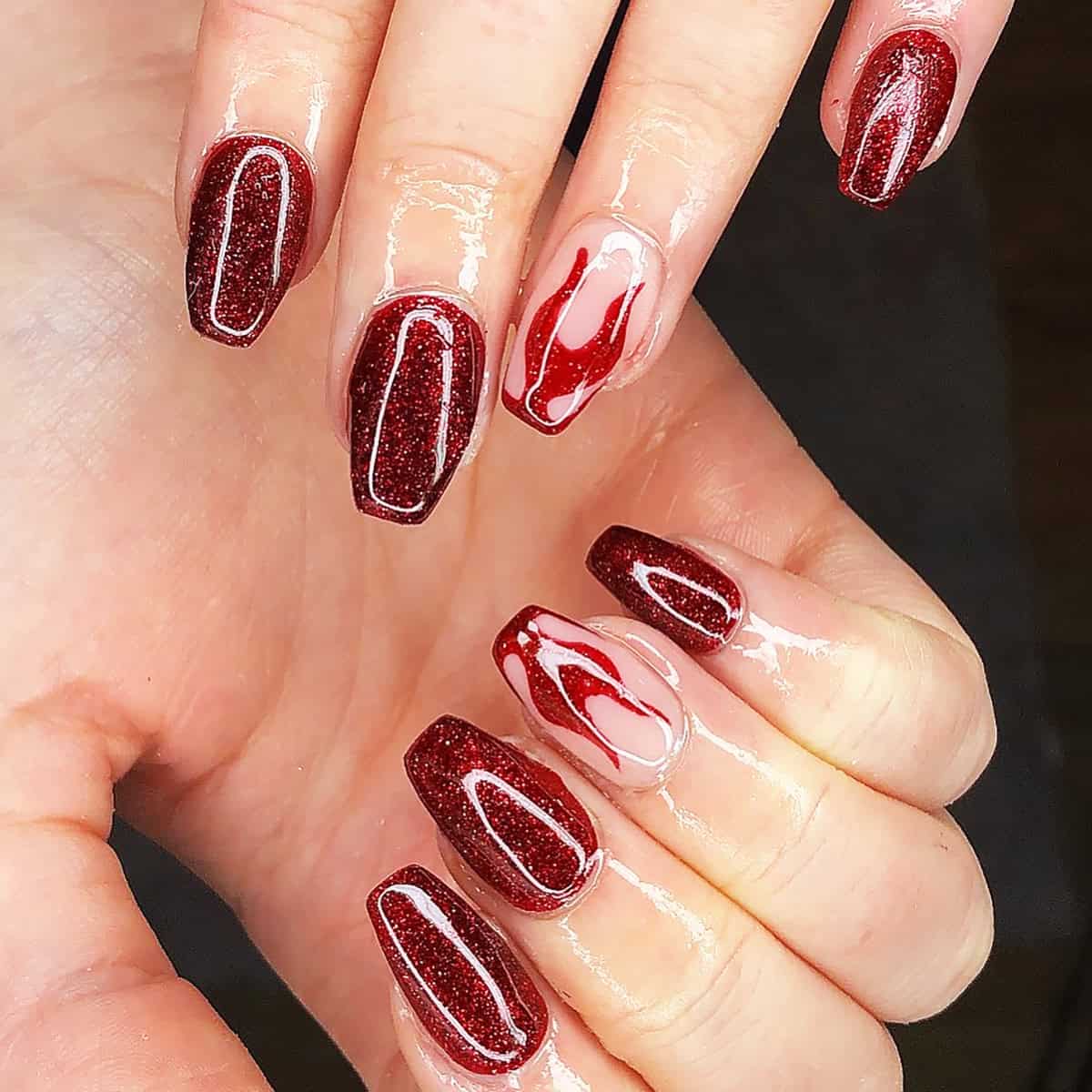  burgundy glitter flame accent nails