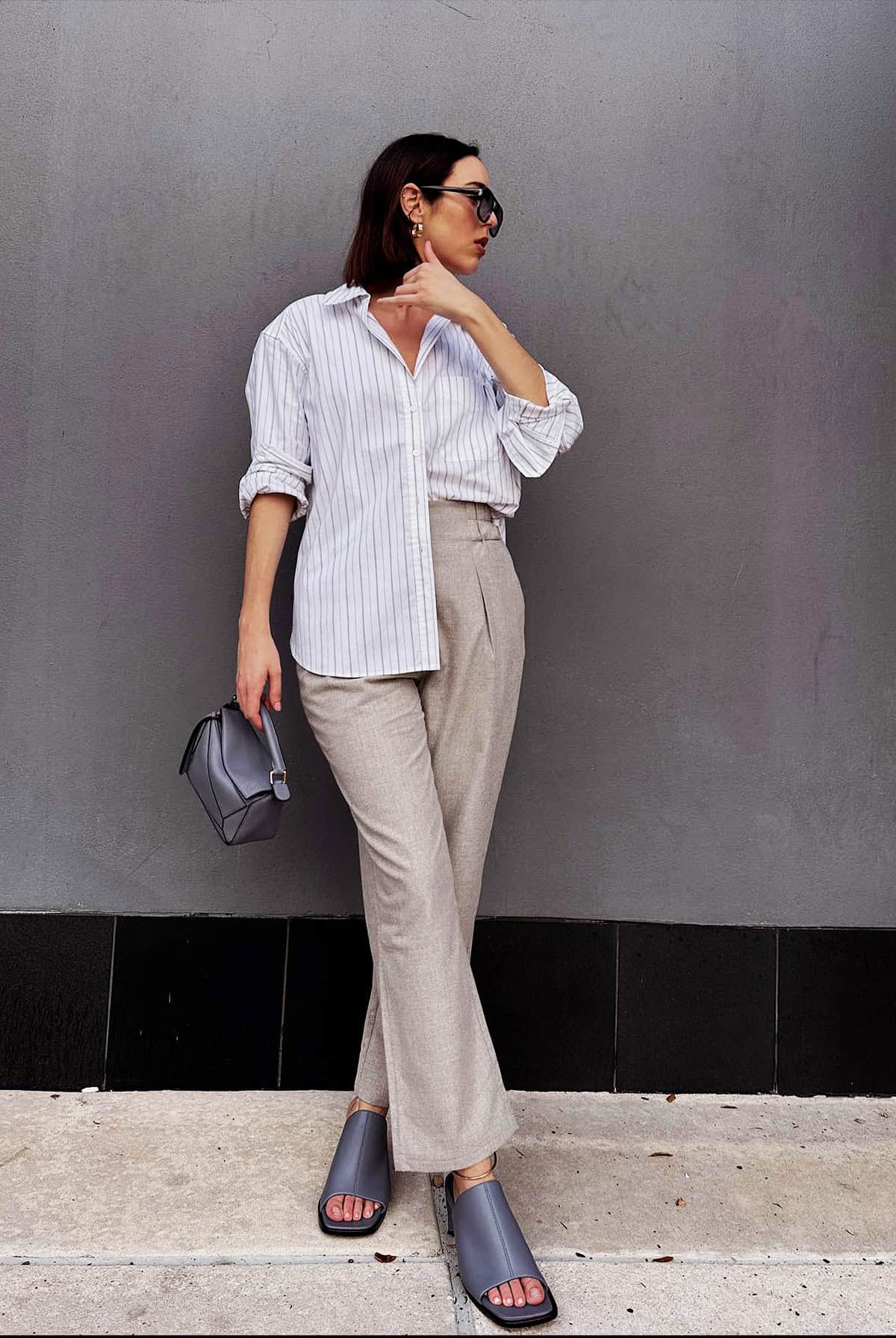 striped shirt linen trouser outfit office attire for women