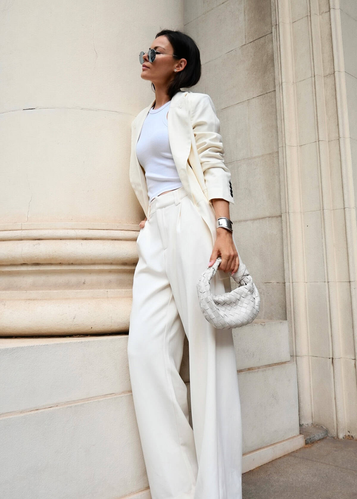 off-white wide-leg suit with a fitted white ribbed tee office attire for summer