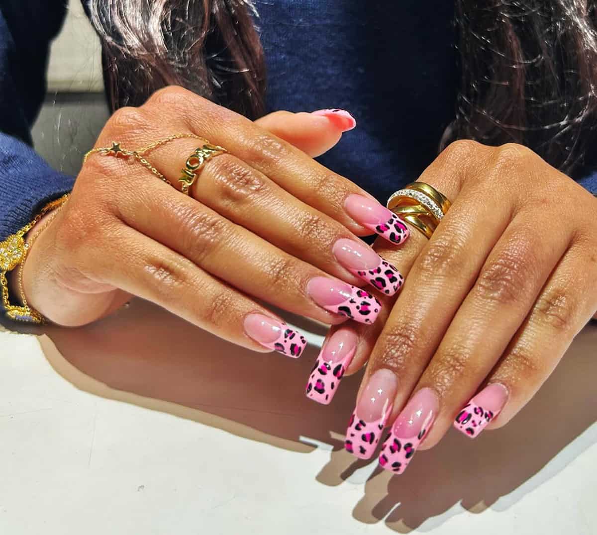 star leopard French pink leopard print nails