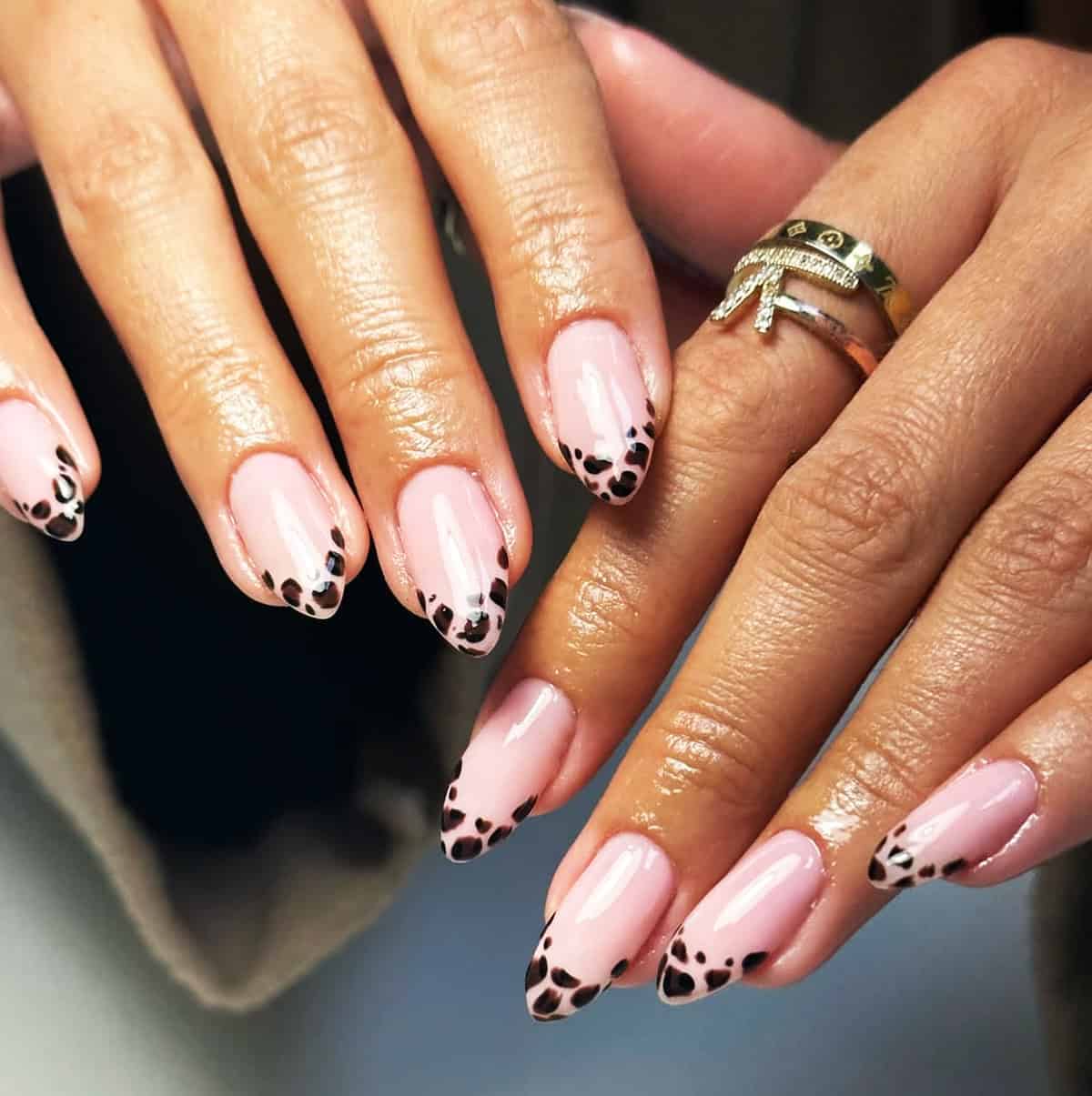 pink almond leopard tip short leopard print nails