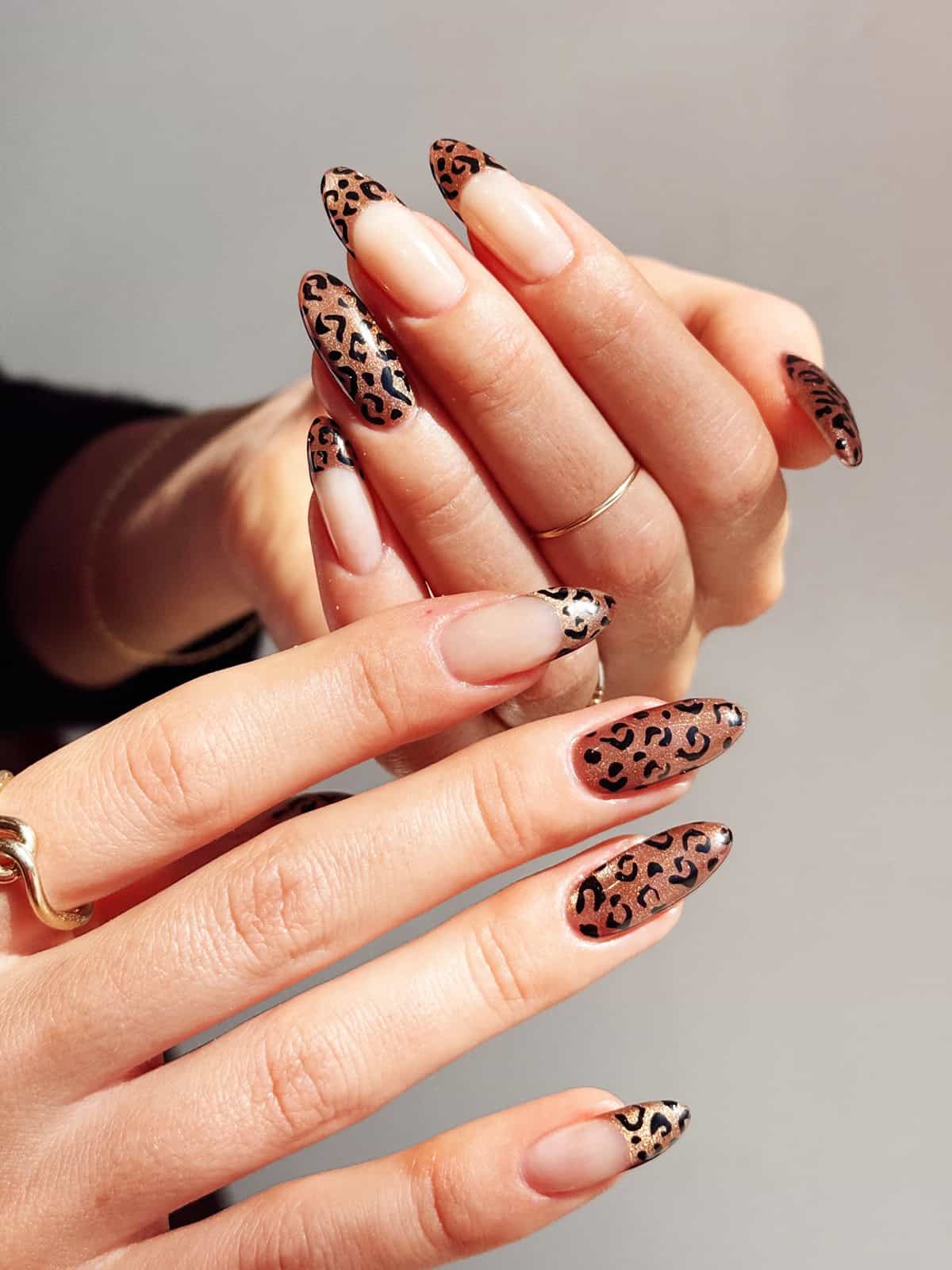 mixed almond brown glitter cheetah print nails