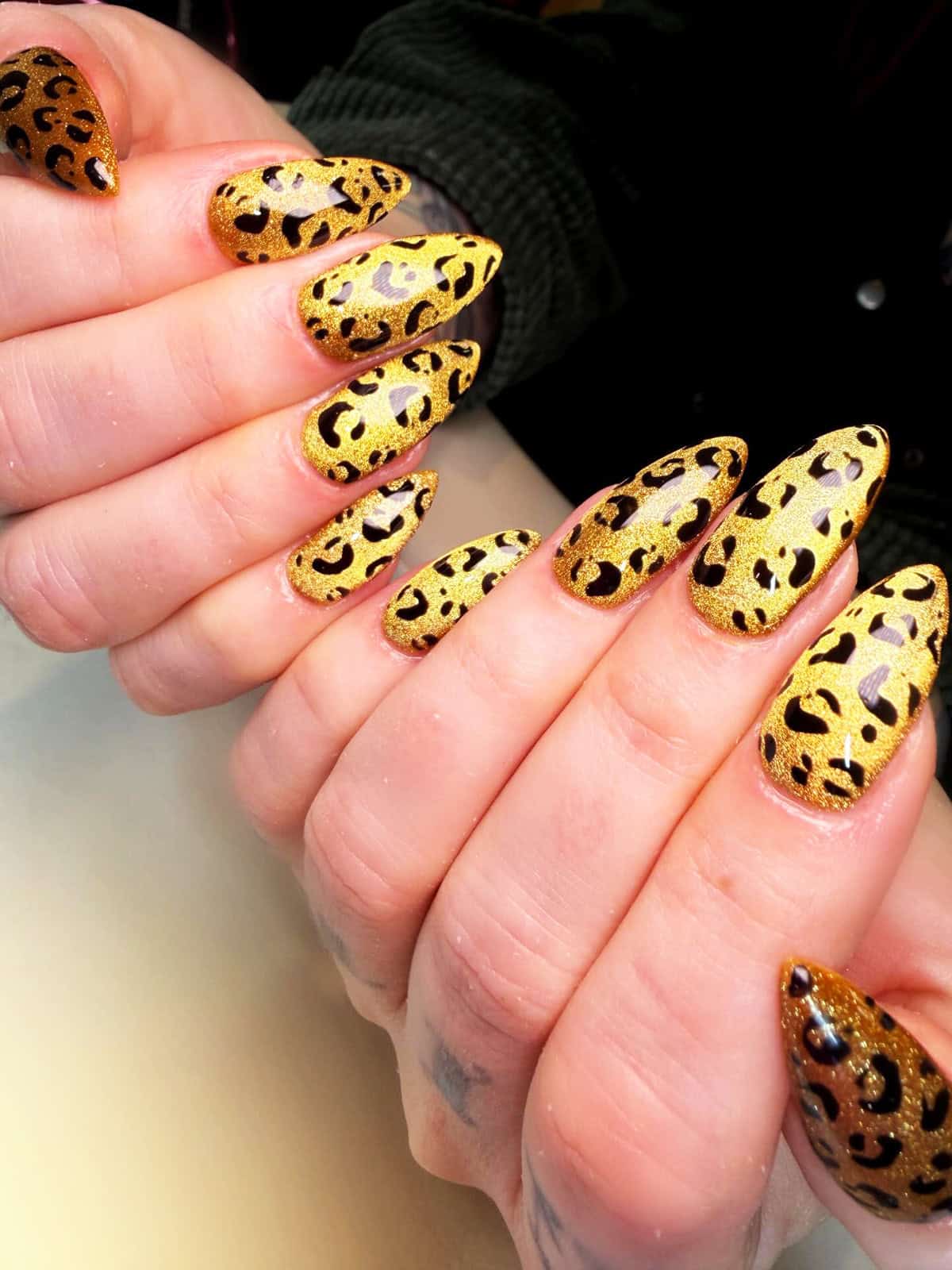 gold glitter full cheetah print cheetah print nails