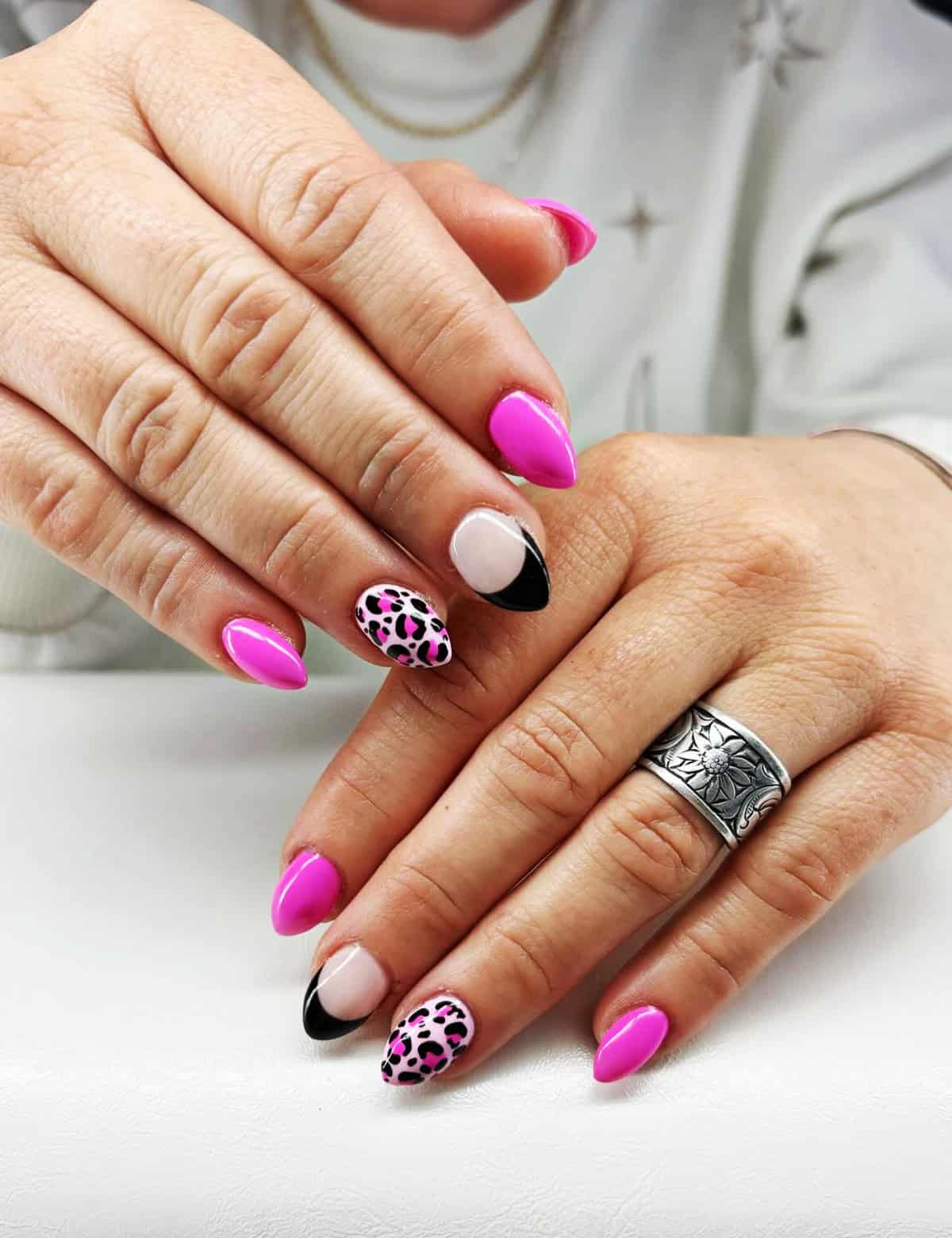 hot pink almond cheetah accents cheetah print nails