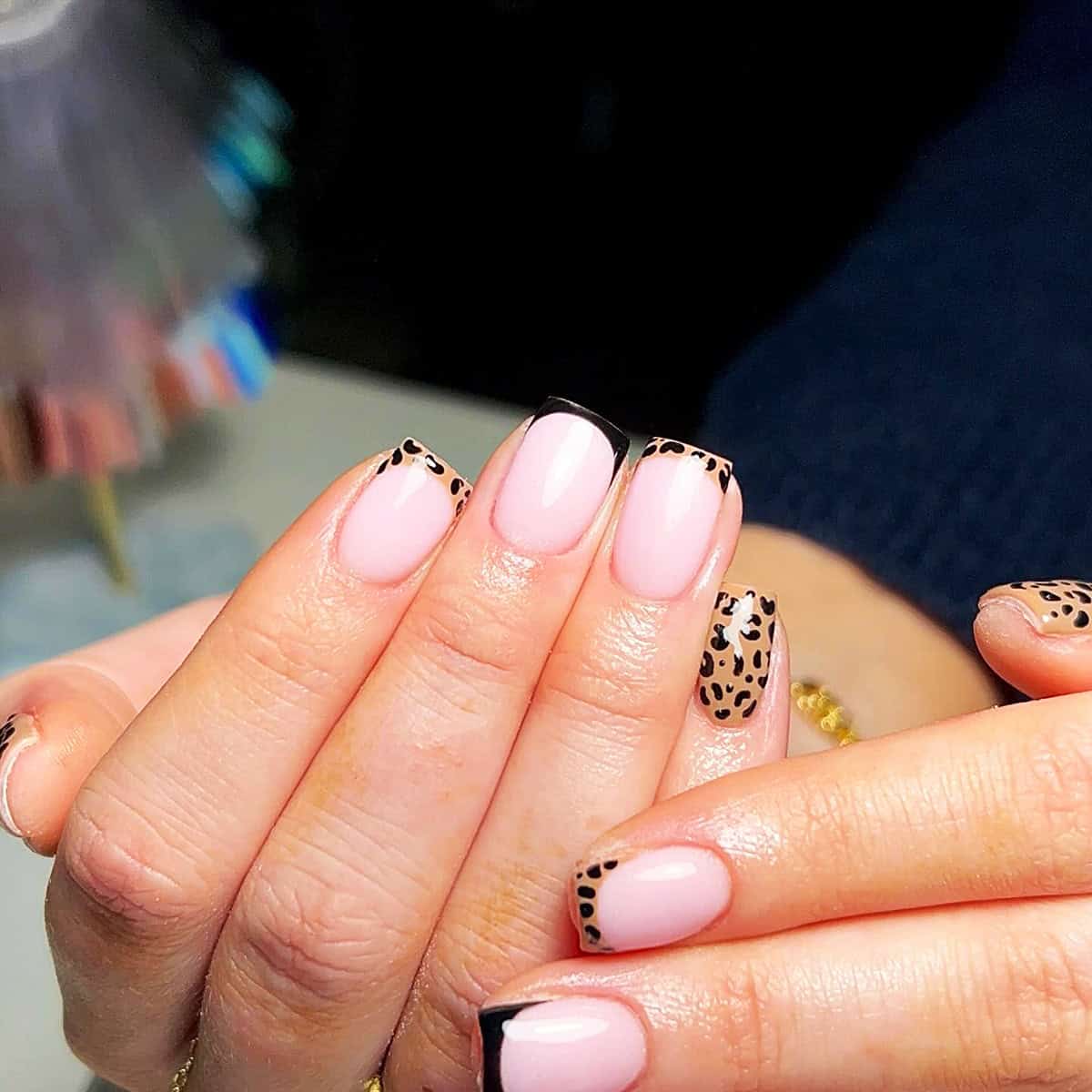 tan tip black outline short leopard print nails