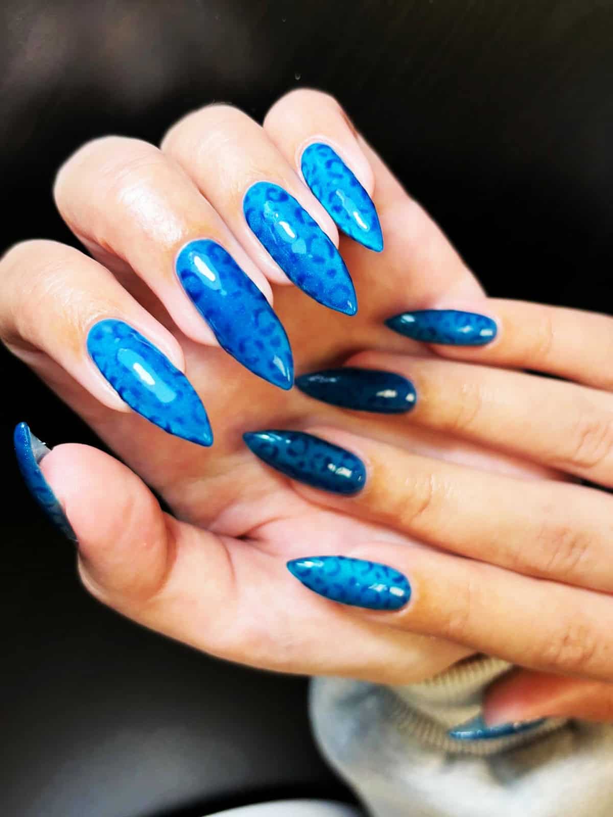 blue stiletto full cheetah print cheetah print nails