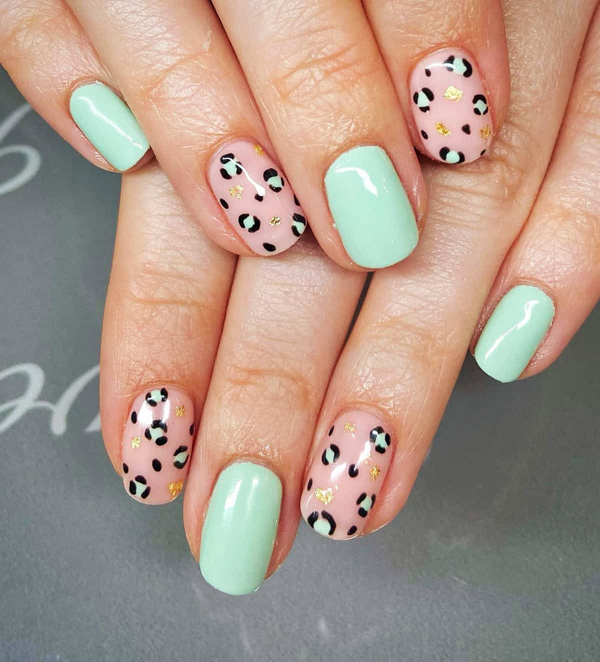 mint pink gold foil short leopard print nails