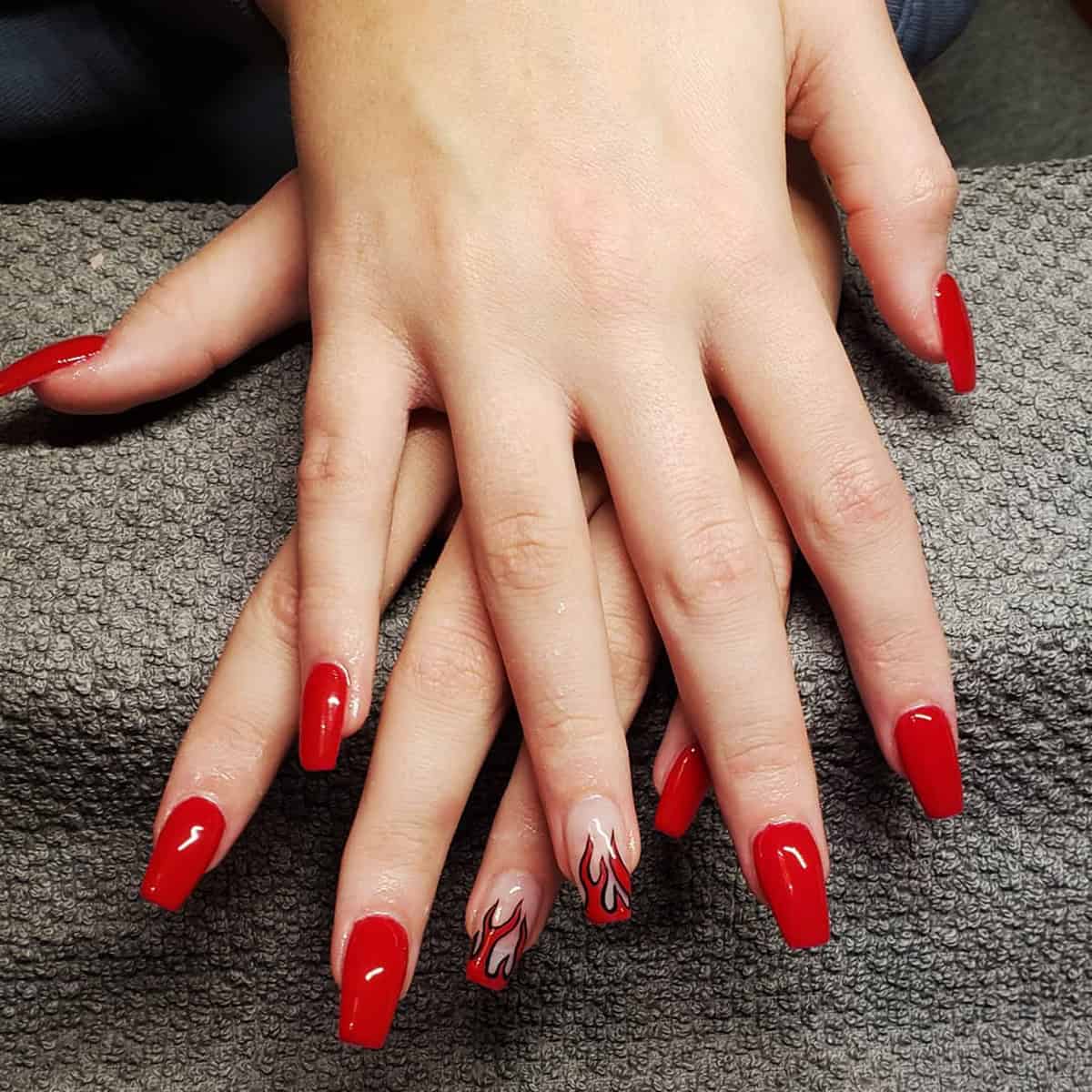 red coffin flame accent nails