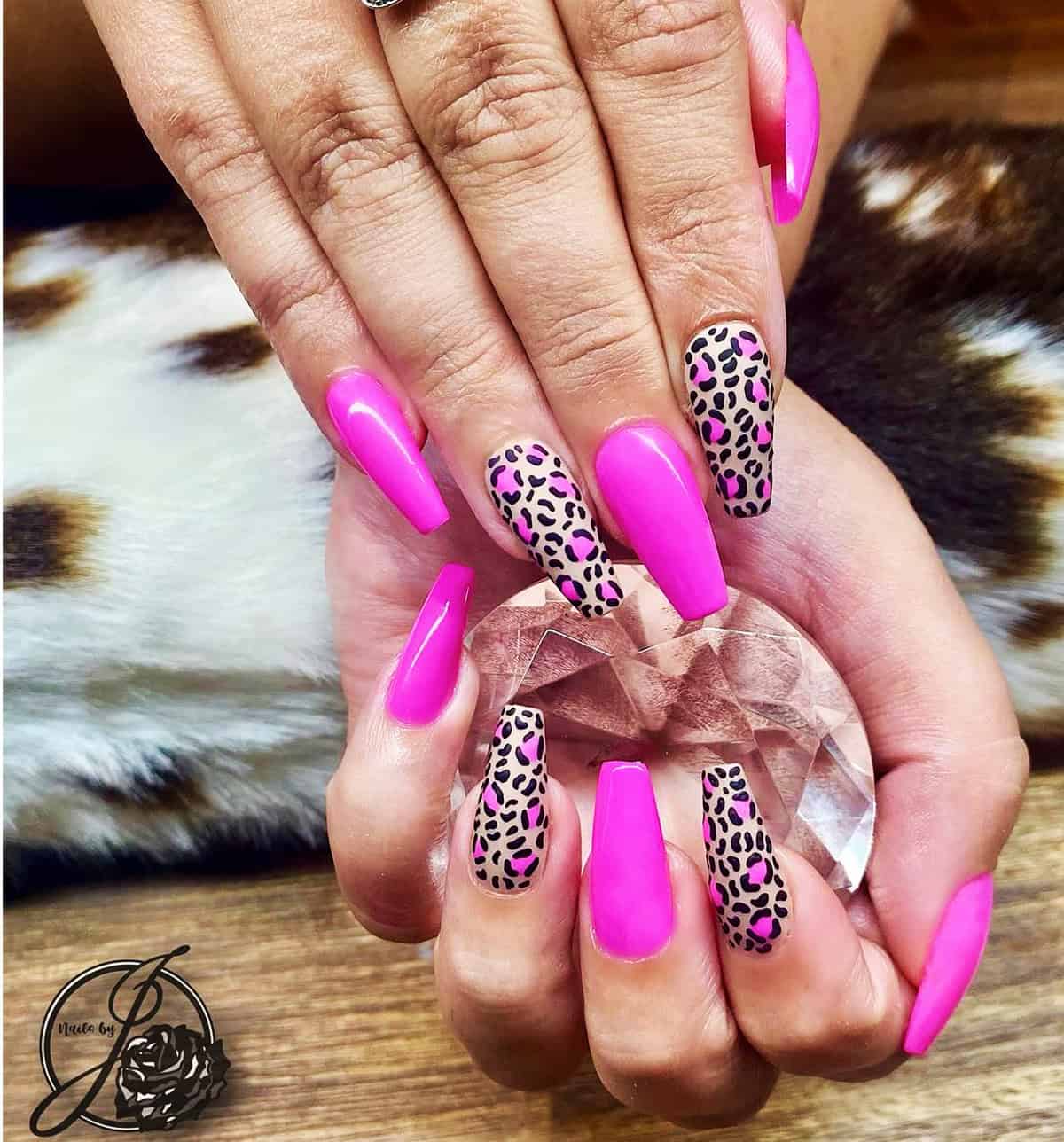 neon coffin leopard pink leopard print nails