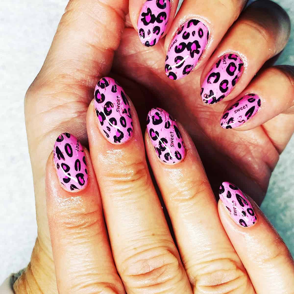 sweet text leopard pink leopard print nails