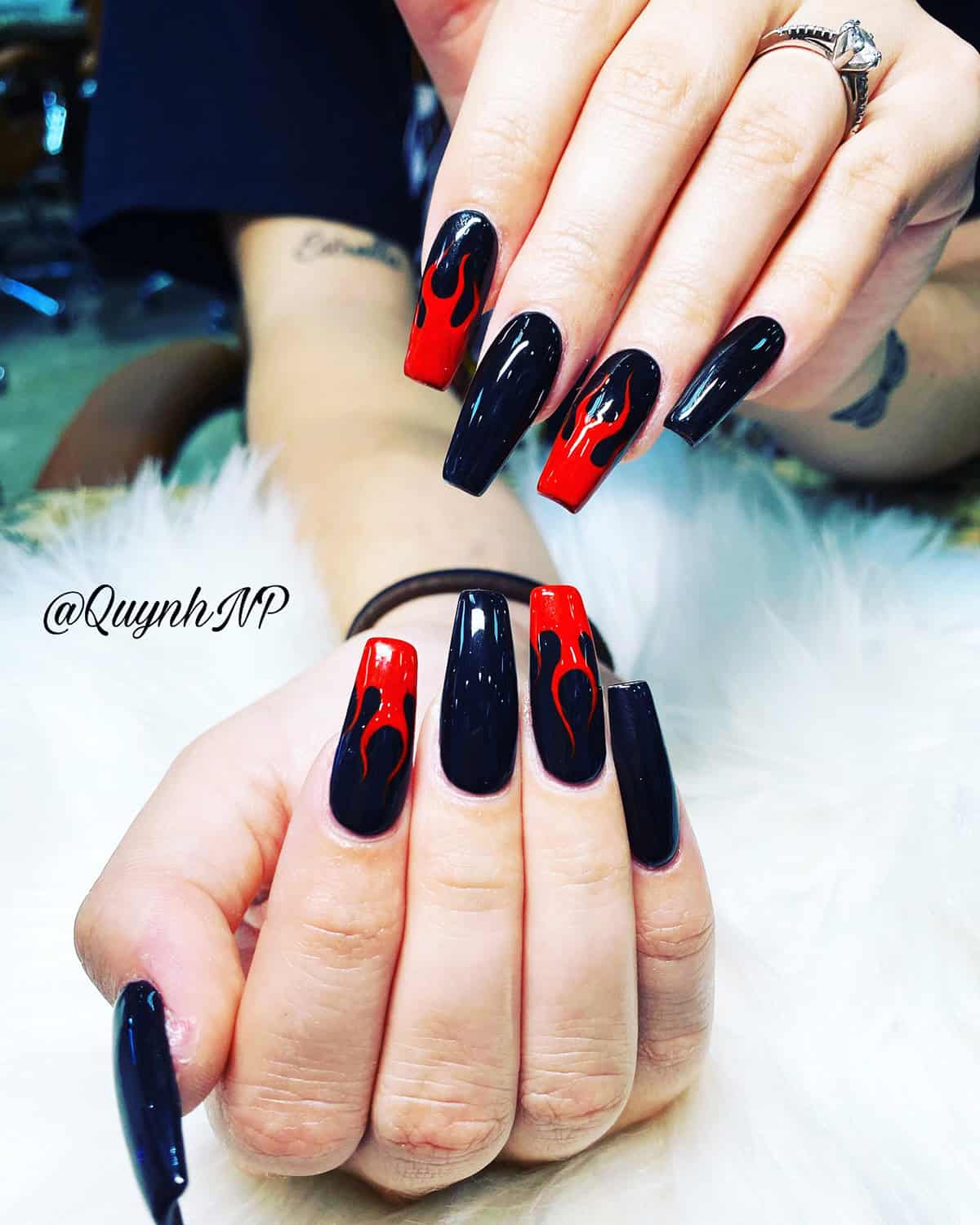black coffin red flame nails