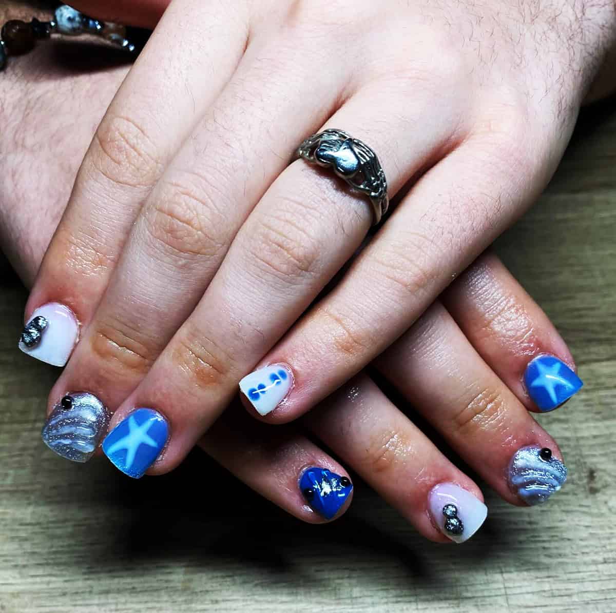 blue silver star men's nails