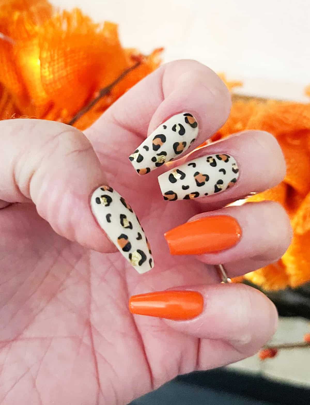 orange cream foil leopard nails fall leopard print nails