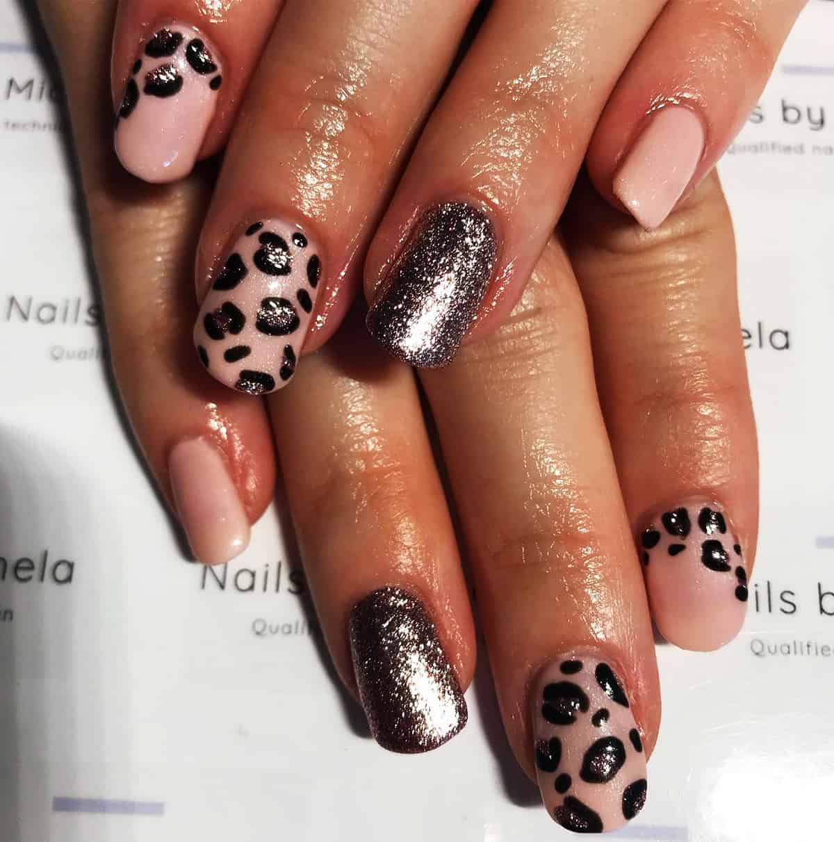 rose gold glitter pink short leopard print nails
