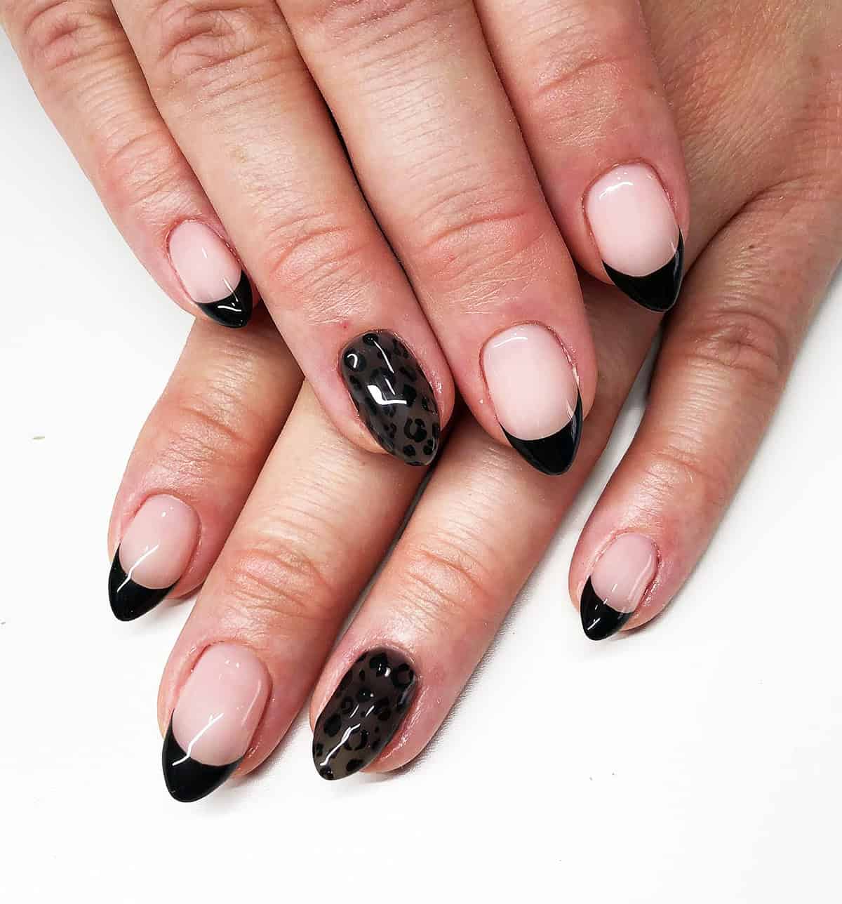 pink almond French accent black leopard print nails