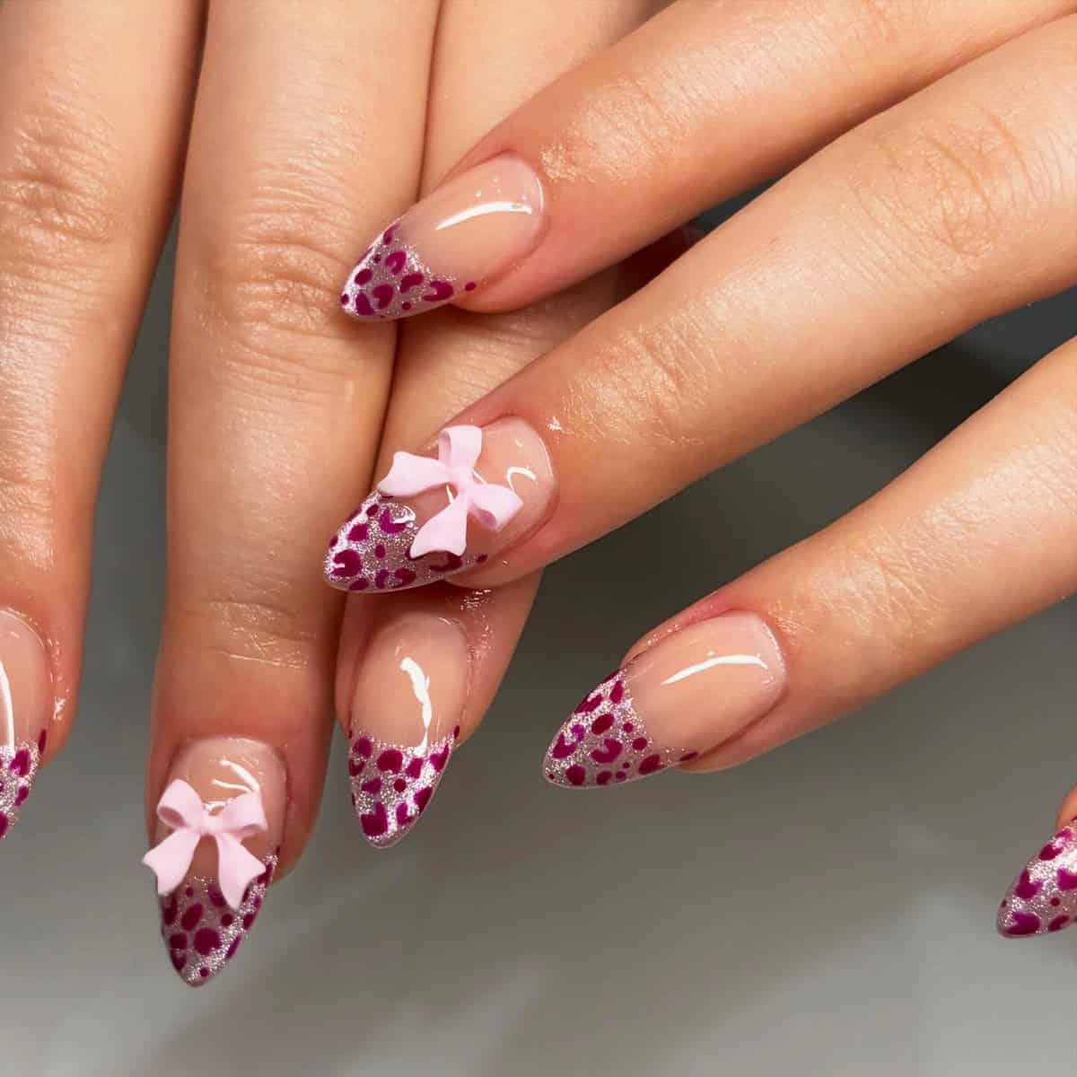 silver glitter pink cheetah bow cheetah print nails