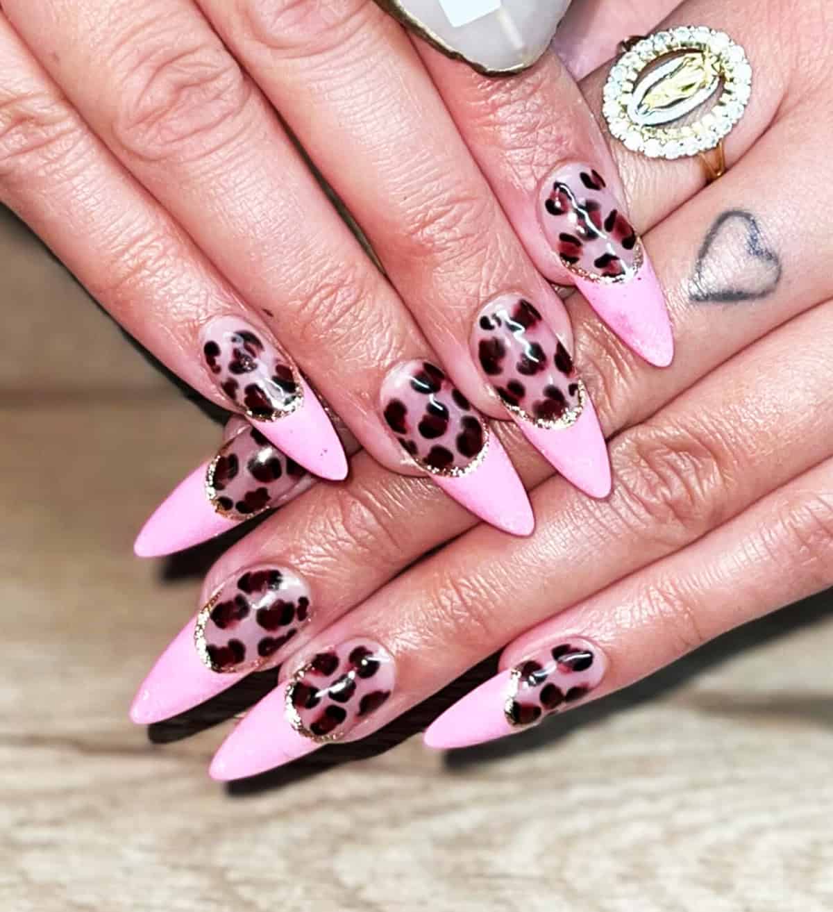 pink stiletto cheetah gold accent cheetah print nails