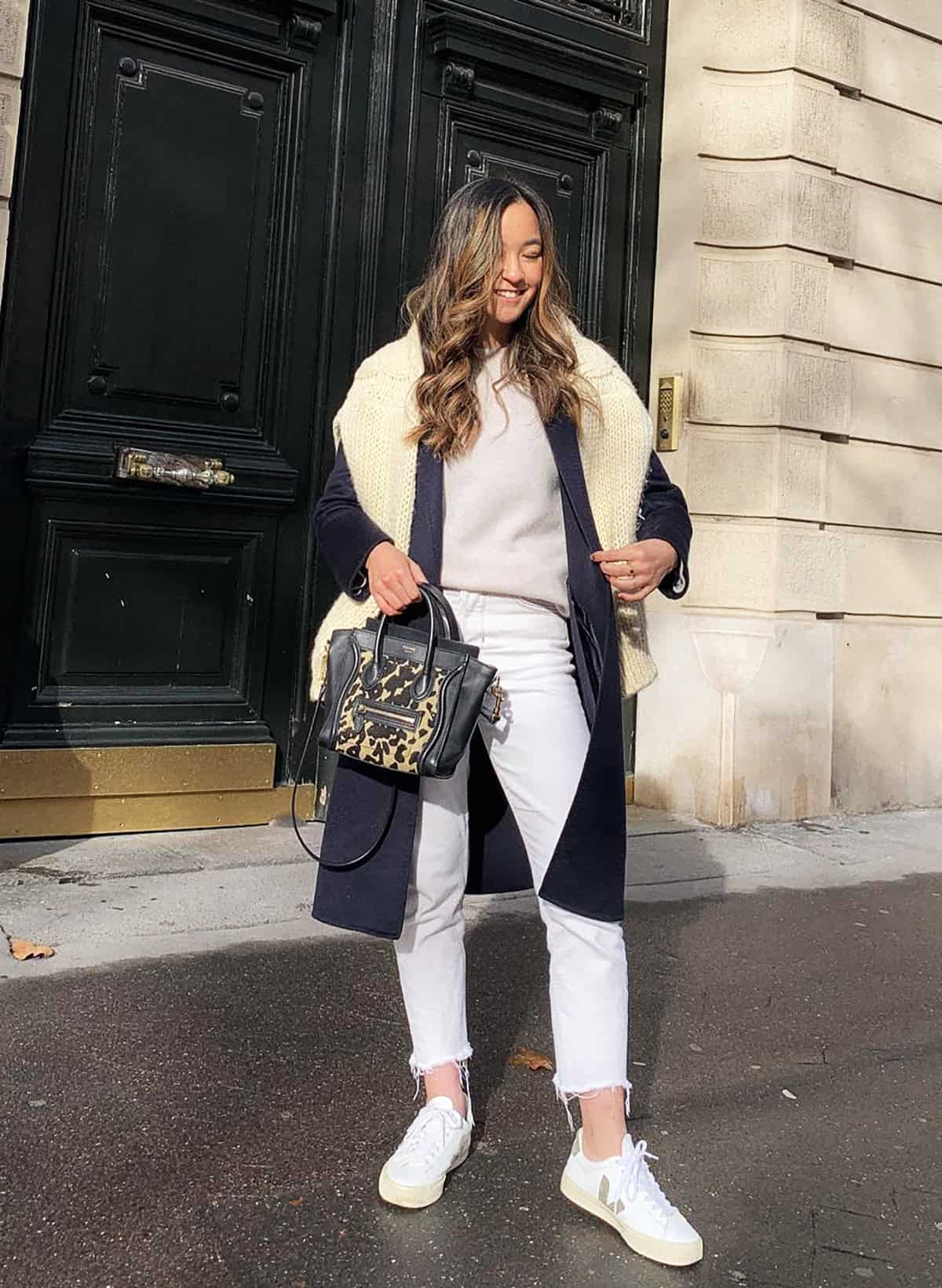 blush sweater navy coat white jeans jeans and sweaters for fall