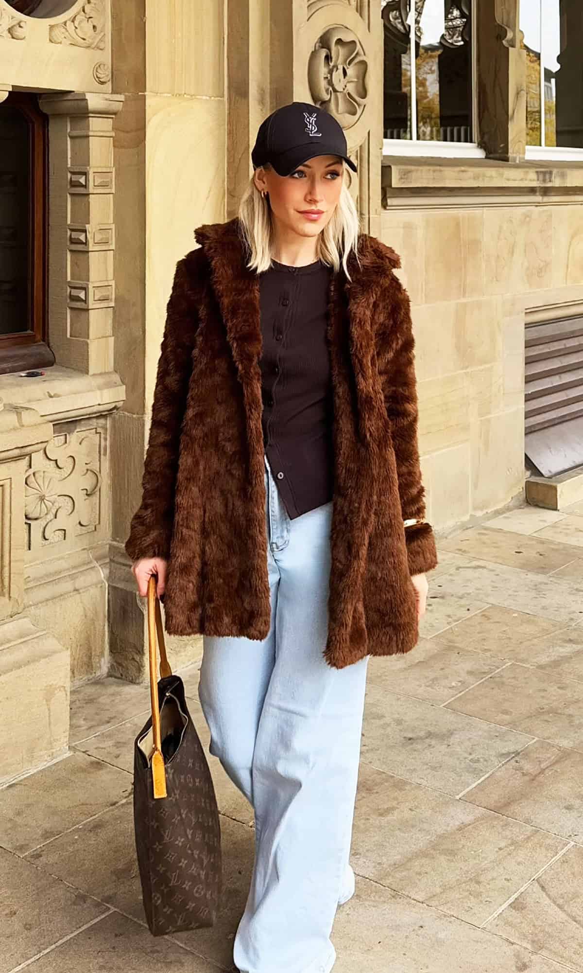 brown faux fur coat denim jeans and sweaters for fall