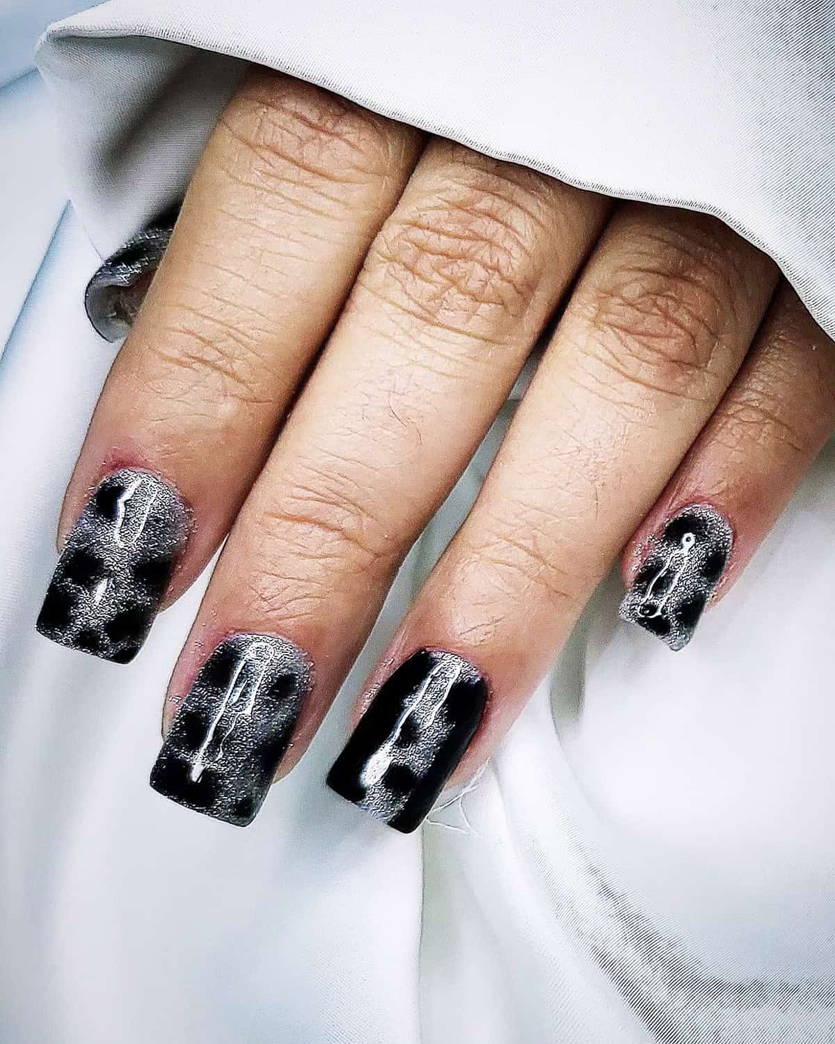 glitter drip square layered black leopard print nails