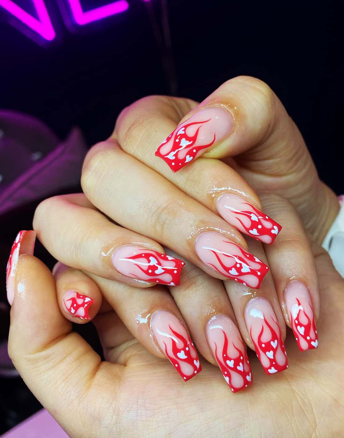 red flame white heart nails
