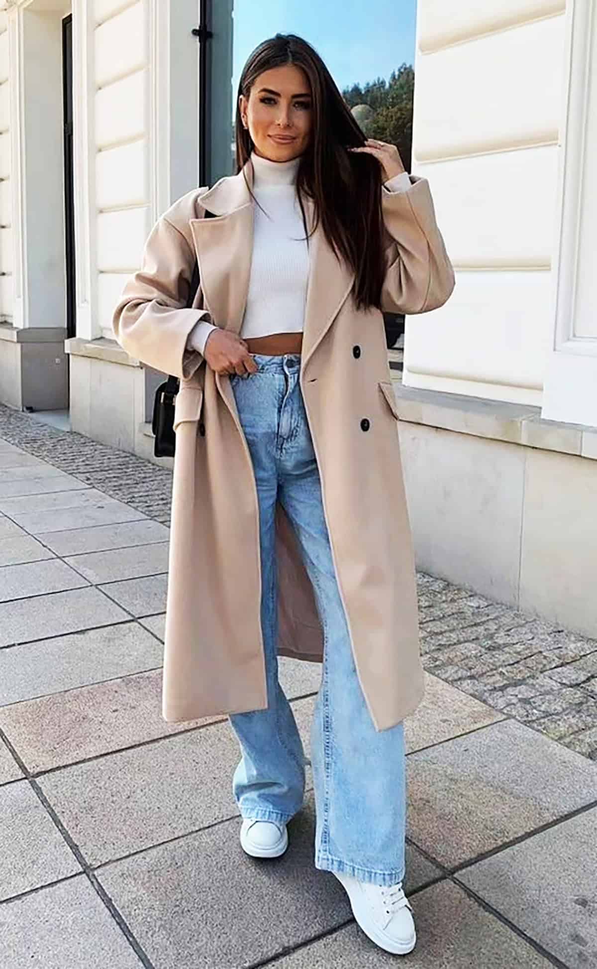 beige coat turtleneck wide-leg jeans for casual friday