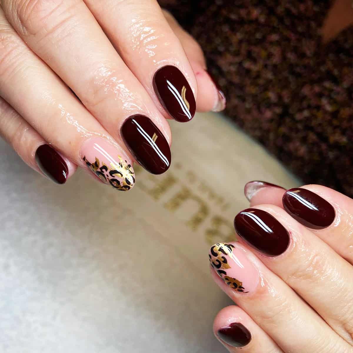 burgundy gold leopard accent nails fall leopard print nails