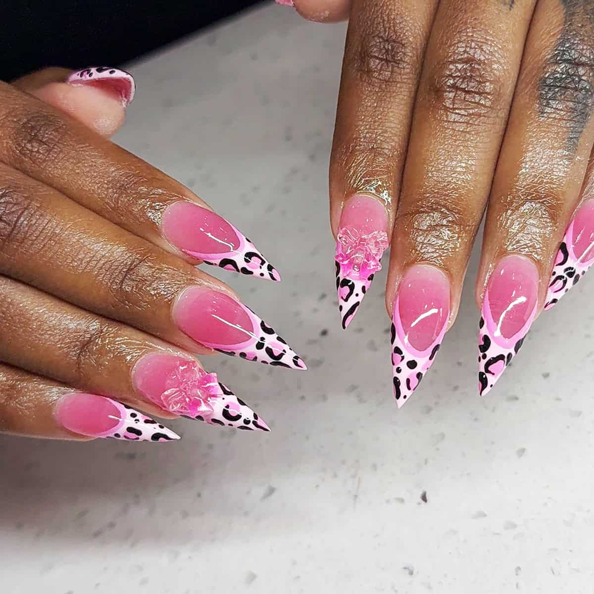 pink stiletto cheetah tips bow cheetah print nails