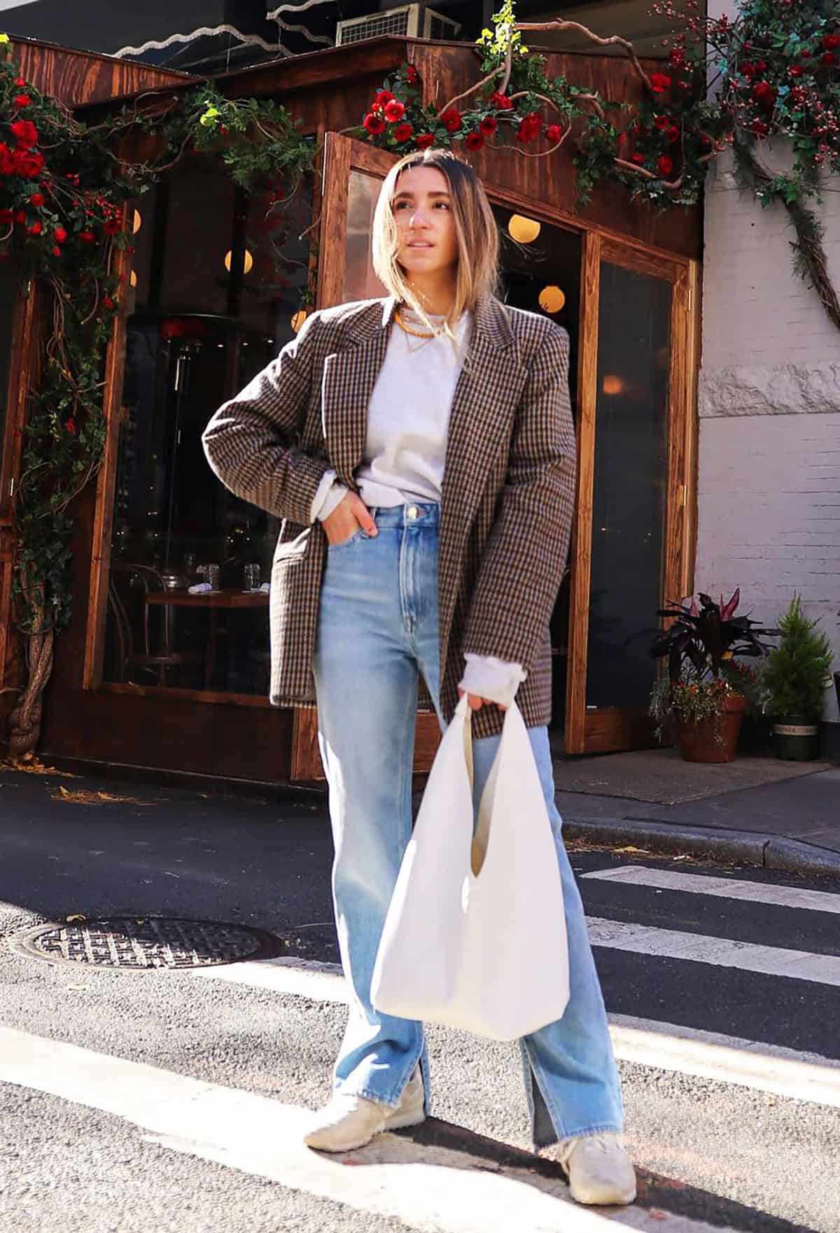 plaid blazer grey knit denim jeans and sweaters for fall
