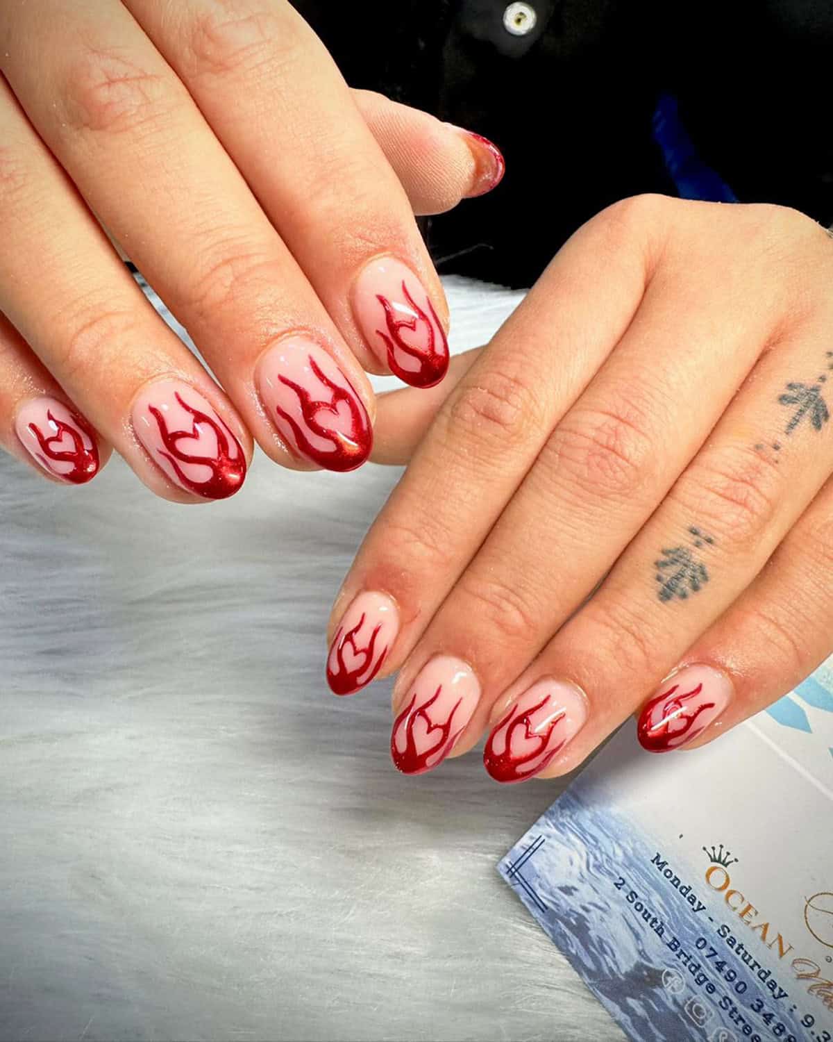 crimson glitter flame tip nails
