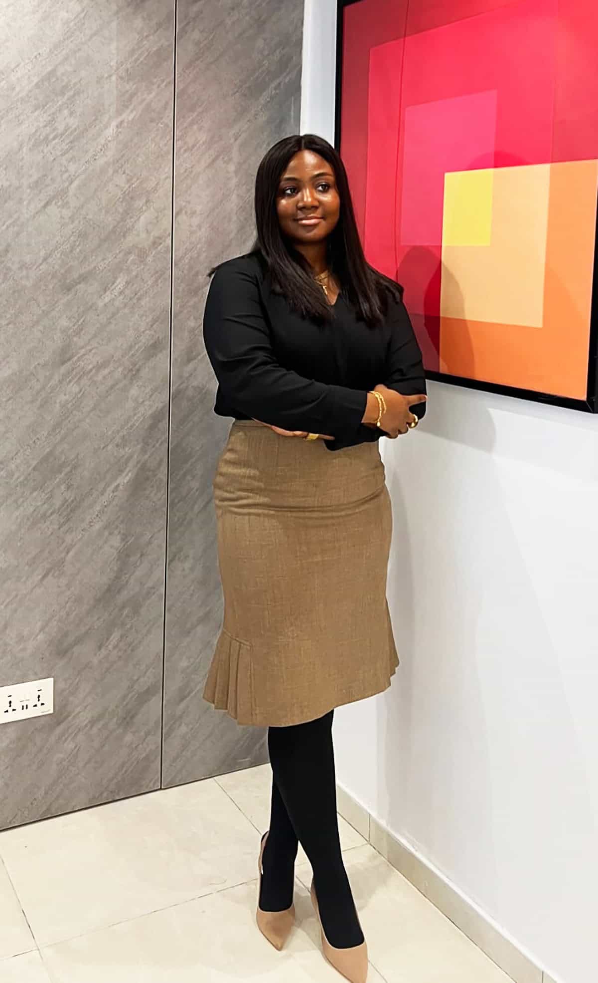  black top camel midi skirt office attire for corporate women