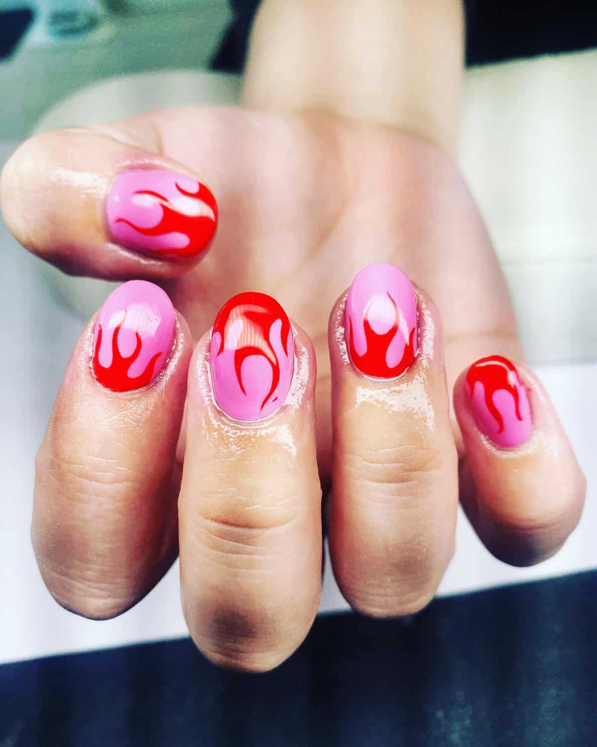 short pink red flame nails