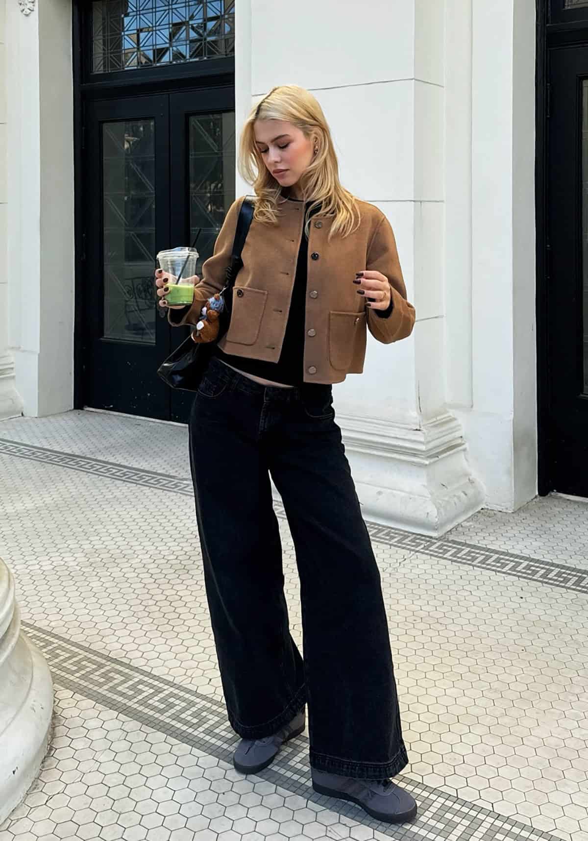camel cropped jacket black denim jeans and sweaters for fall