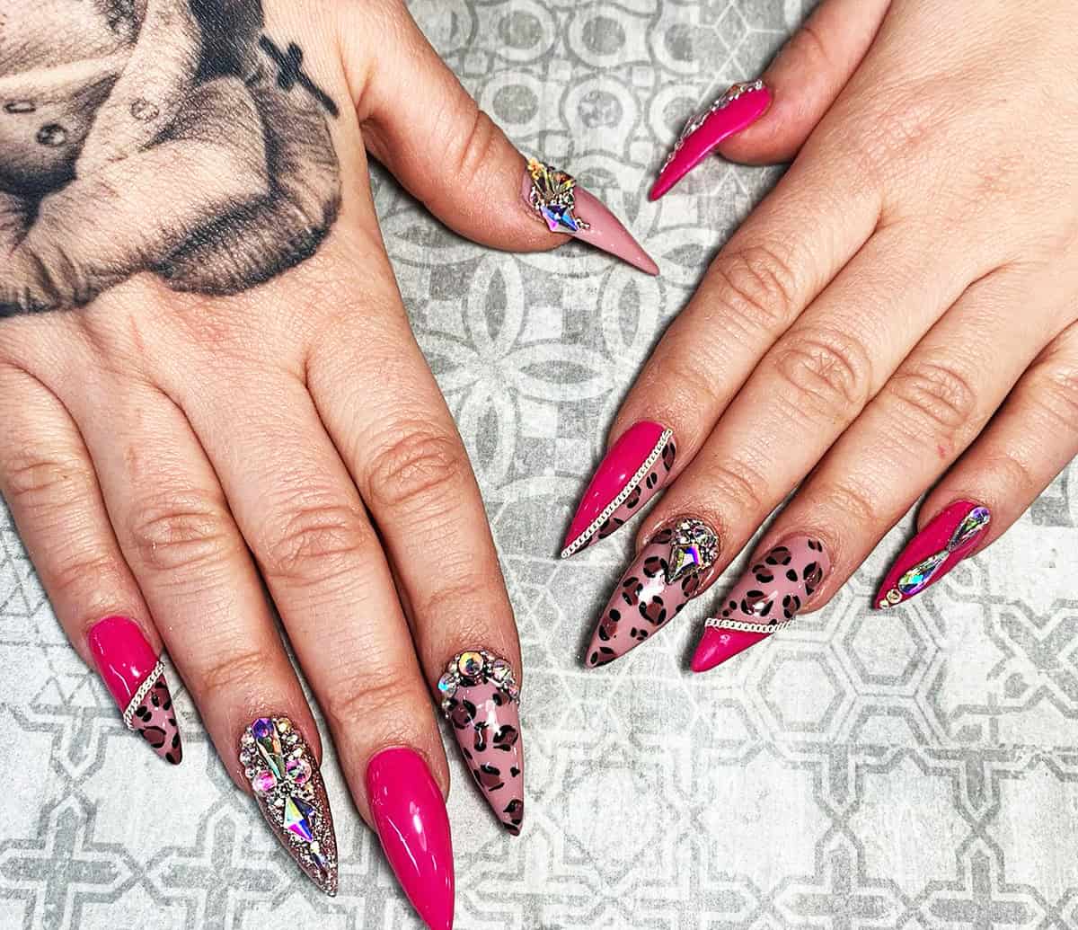rhinestone leopard stiletto pink leopard print nails