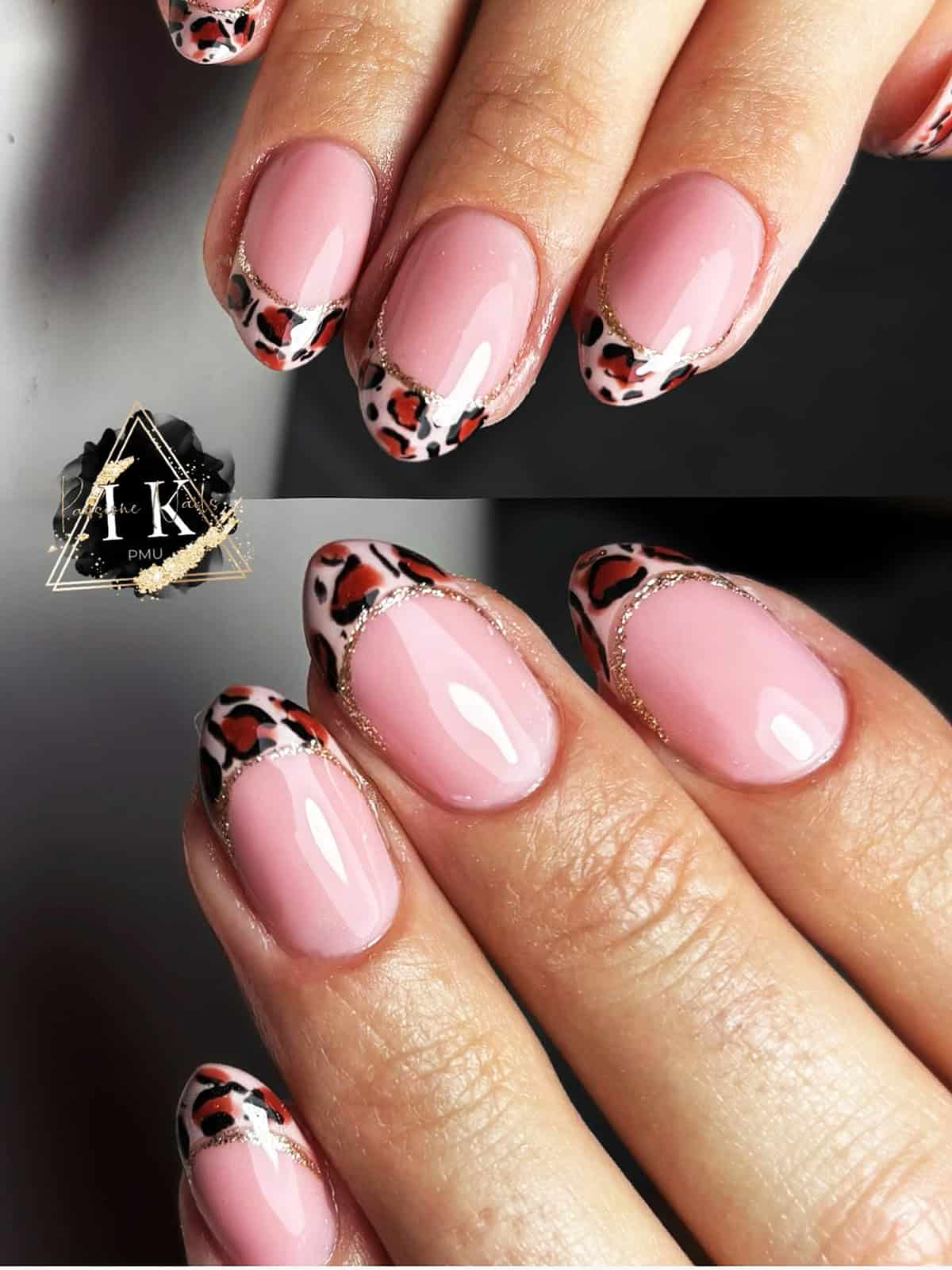 pink red leopard French tips fall leopard print nails