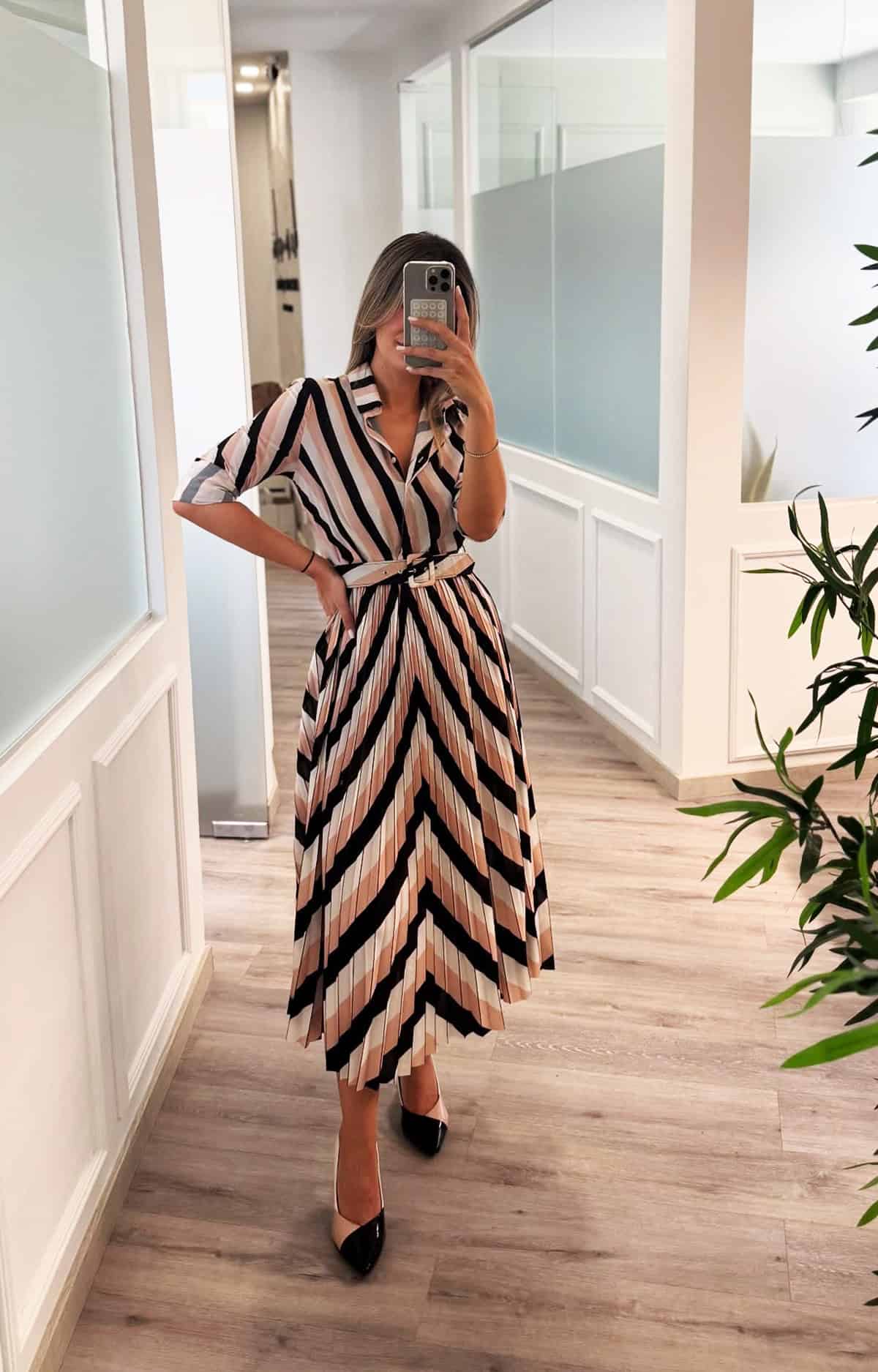 striped pleated midi dress office attire for summer