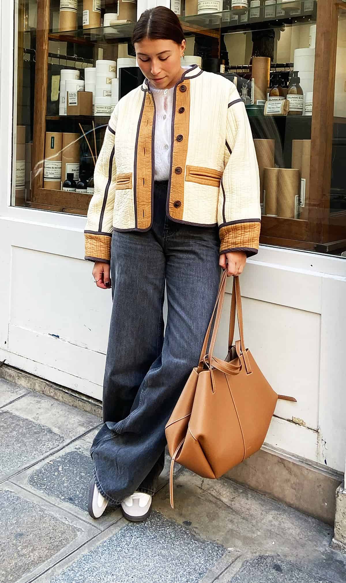 quilted collarless jacket wide denim jeans and sweaters for fall