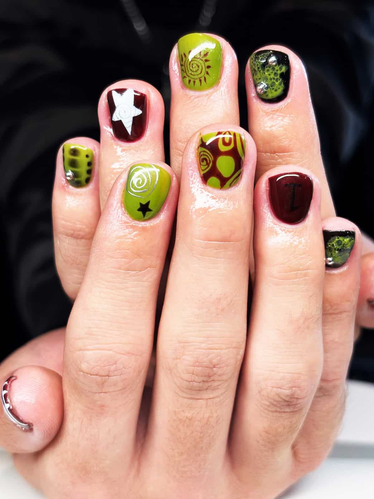 olive burgundy mixed men's nails