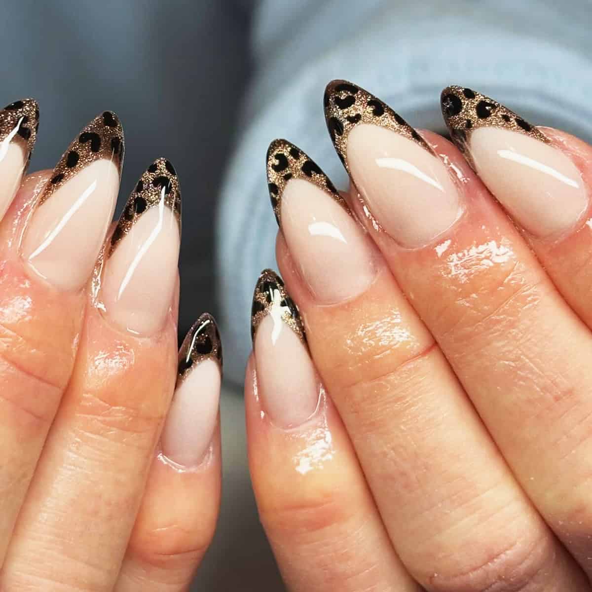 nude stiletto glitter cheetah tips cheetah print nails