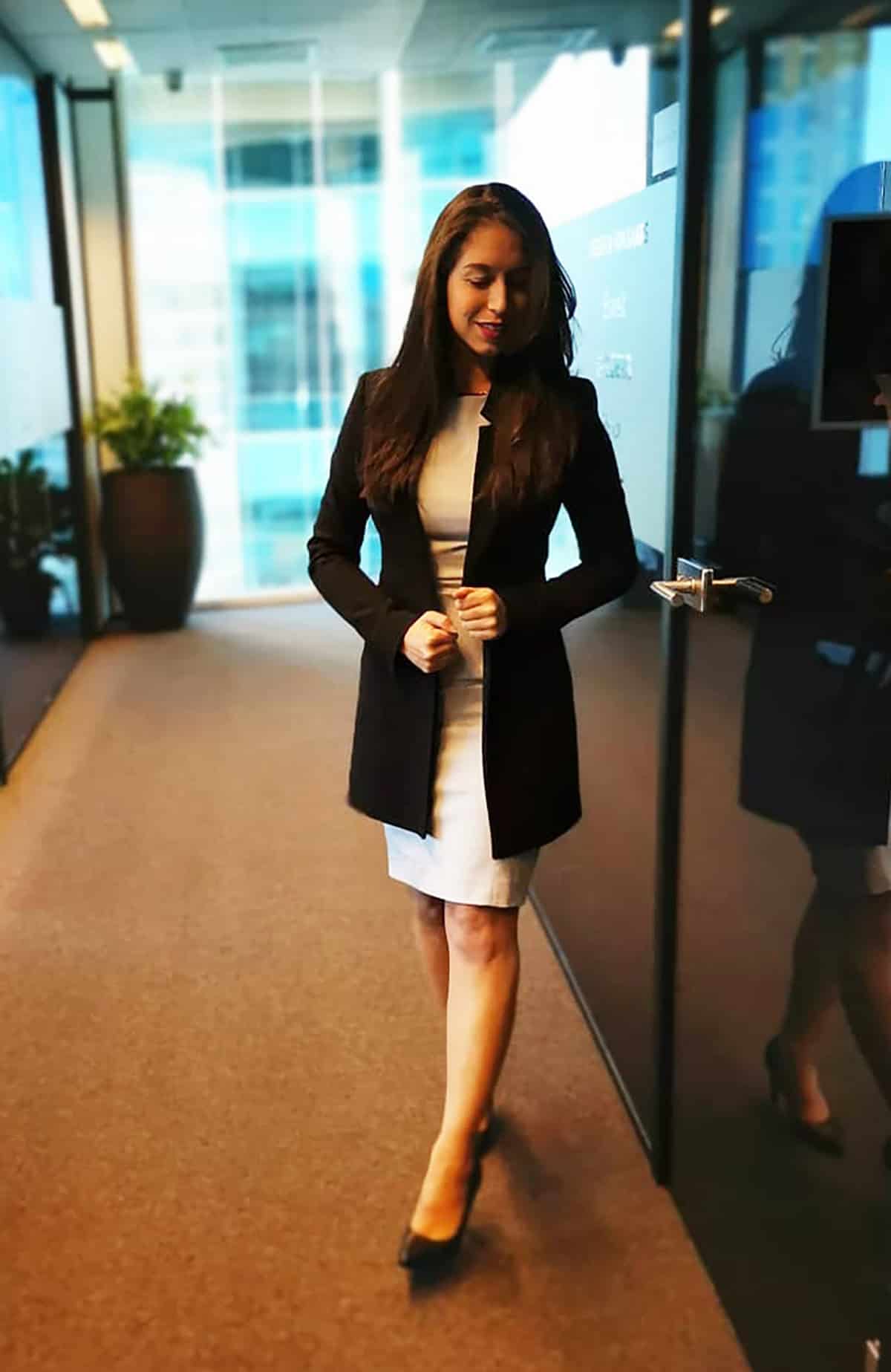 grey dress long black blazer office attire for corporate women