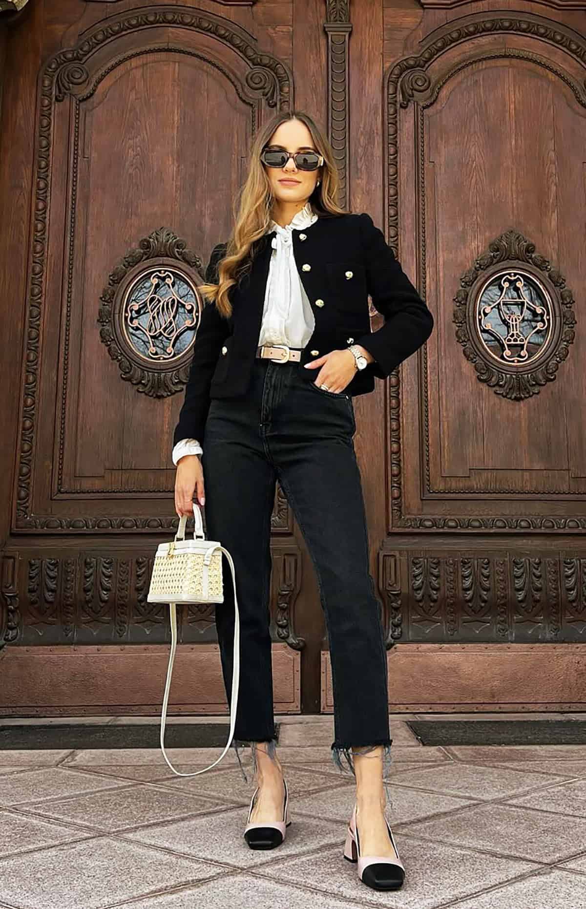 black tweed jacket straight black jeans for casual friday