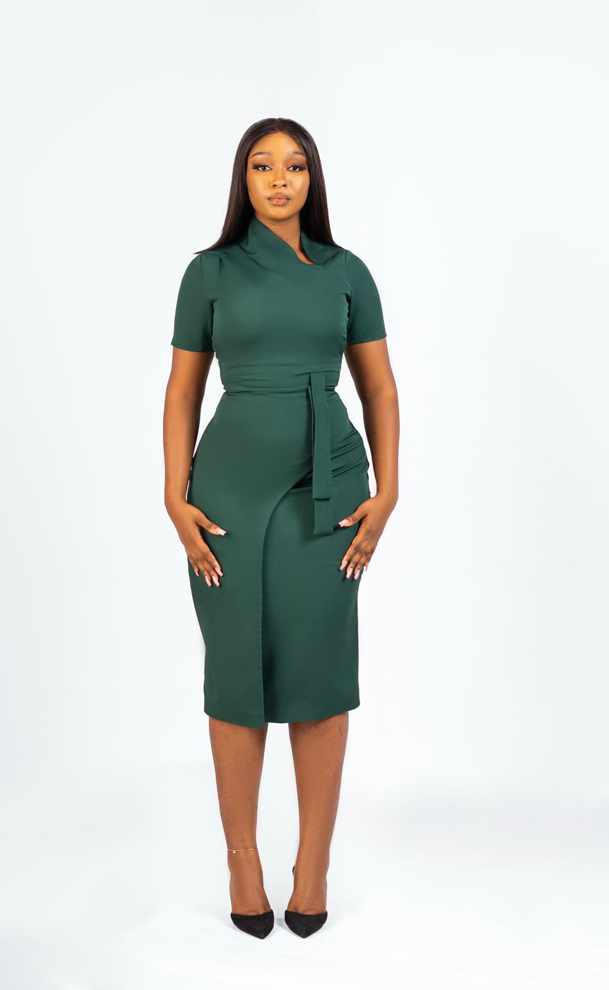green belted cowl neck midi dress office attire for corporate women