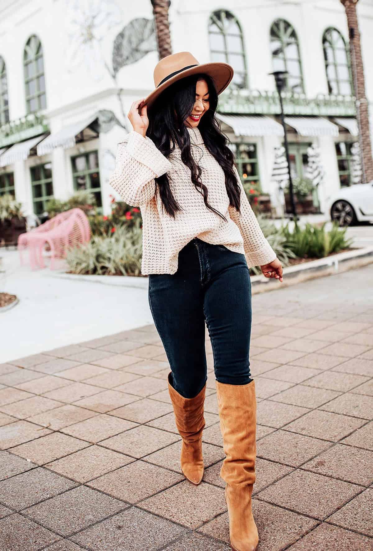 ream knit tall boots dark jeans for casual friday
