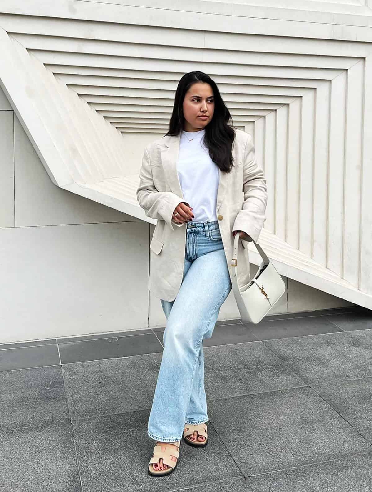 beige blazer white tee wide jeans for casual friday