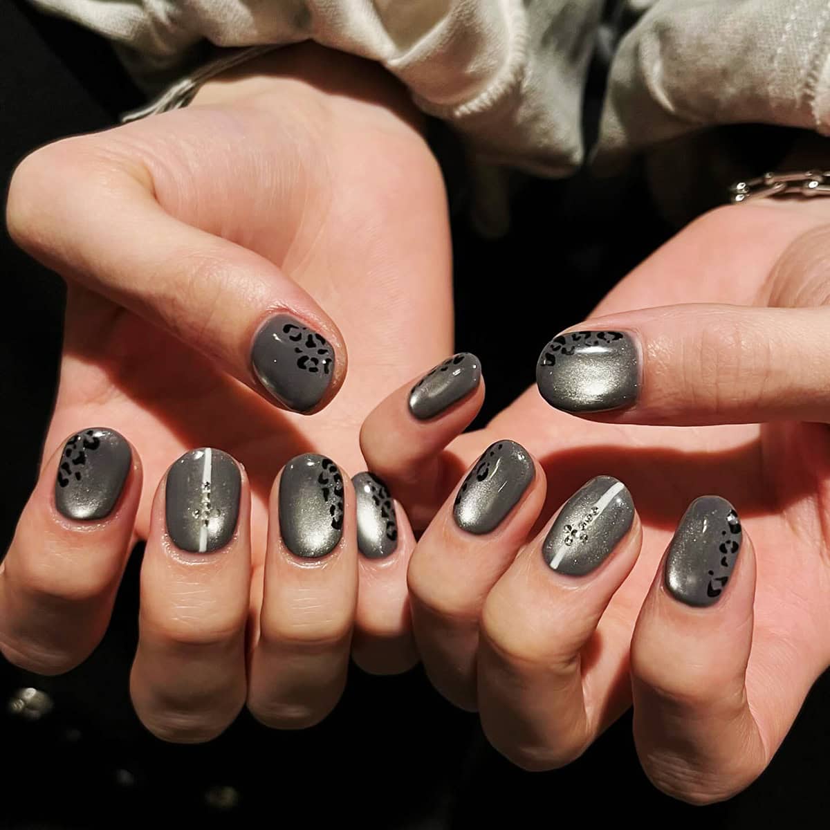 grey leopard chrome men's nails