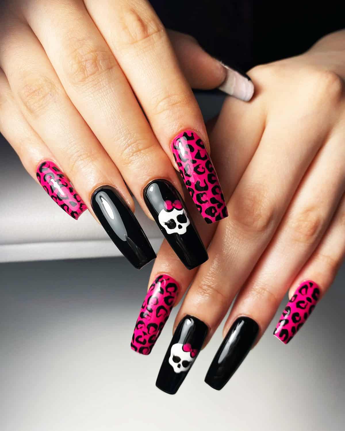 skull pink leopard pink leopard print nails